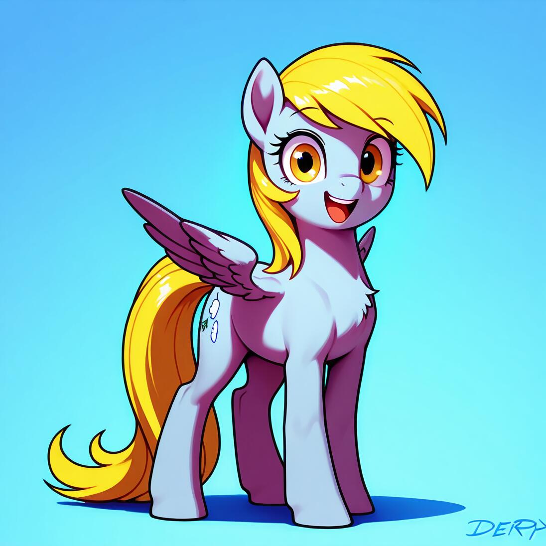 Illustration numérique représentant le personnage Derpy Hooves de la série My Little Pony en pied. Il s’agit d’un pégase gris avec une crinière et une queue blondes, qui sourit joyeusement en se tenant devant un fond bleu.