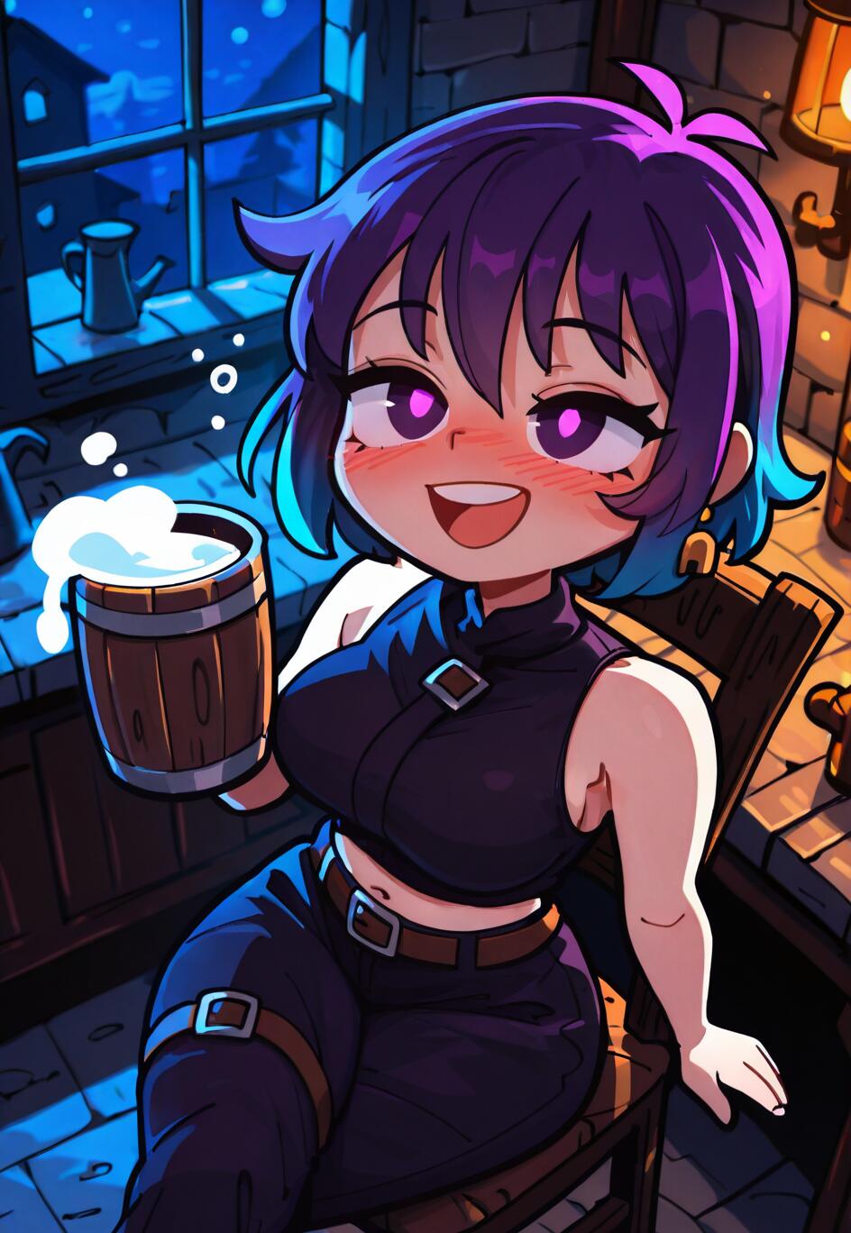 Une illustration de style manga représentant une jeune fille aux cheveux courts, de couleur violette et bleue, qui sourit joyeusement en tenant une grande chope en bois remplie de bière, dans une taverne chaleureuse et éclairée aux chandelles, la nuit.