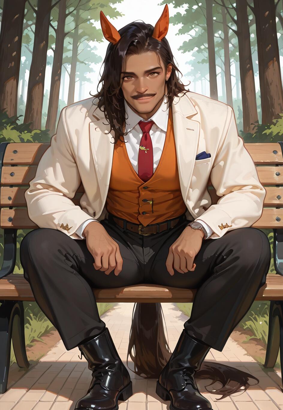 Une illustration numérique représentant un bel homme à la peau mate, aux longs cheveux noirs, à la moustache et aux oreilles d’animal, assis sur un banc dans un parc. Il porte une veste crème, un gilet orange et une cravate rouge, et regarde l’objectif avec assurance, affichant un léger sourire. Une queue de cheval repose sur le sol derrière lui.
