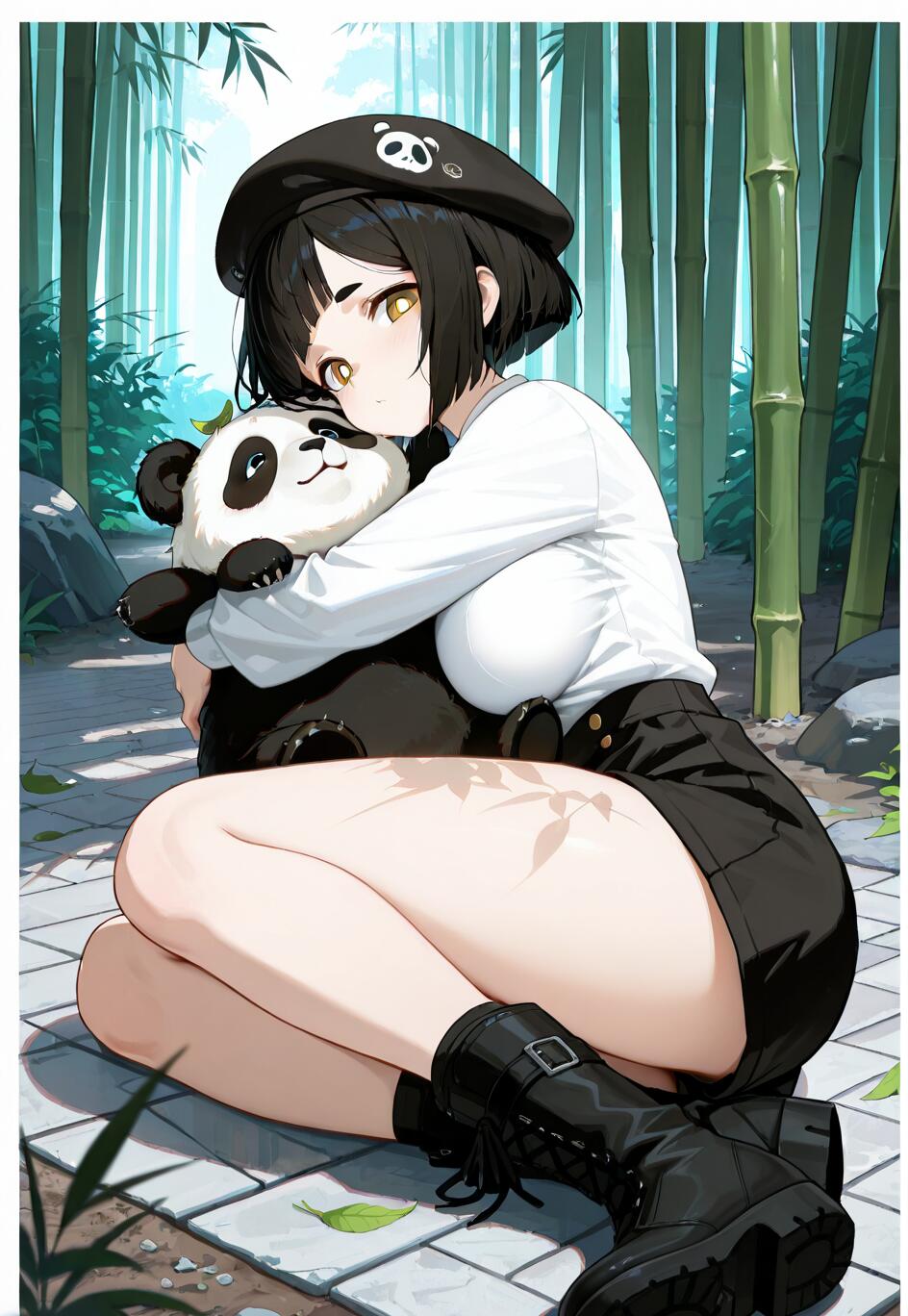 Une jeune fille au style manga, avec de courts cheveux noirs et un béret orné d’une image de panda, est assise sur un chemin de pierres dans une forêt de bambous et enlace tendrement un grand ours panda.