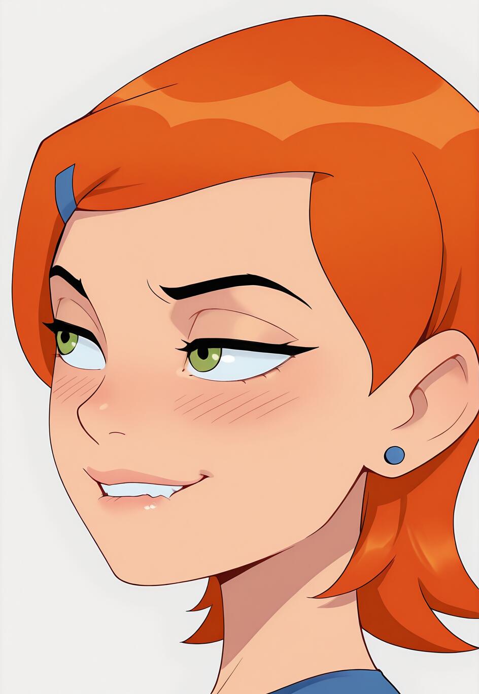 Une illustration numérique en gros plan de Gwen Tennyson, issue de la série Ben 10. Elle a les cheveux courts et orange, les yeux verts et porte une boucle d’oreille bleue. Elle regarde sur le côté avec une expression espiègle et un peu coquine, et elle mord légèrement sa lèvre.