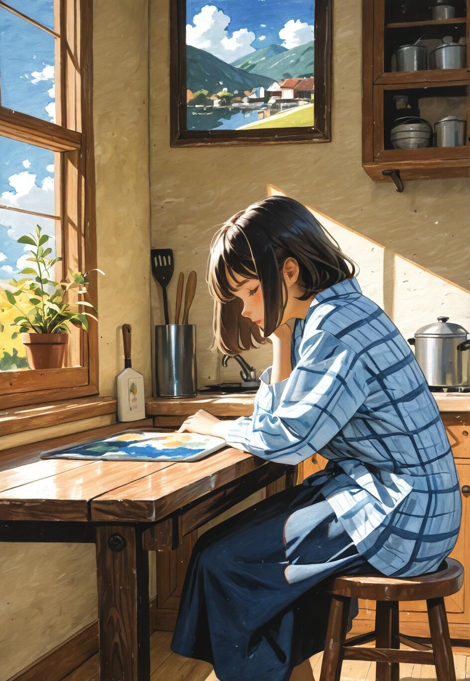 Une illustration de style manga représentant une jeune femme aux cheveux courts et foncés, assise à une table en bois dans une cuisine. Elle porte une chemise à carreaux bleus et regarde pensivement vers le bas, tandis que la lumière du soleil entre par une fenêtre à côté d’elle.