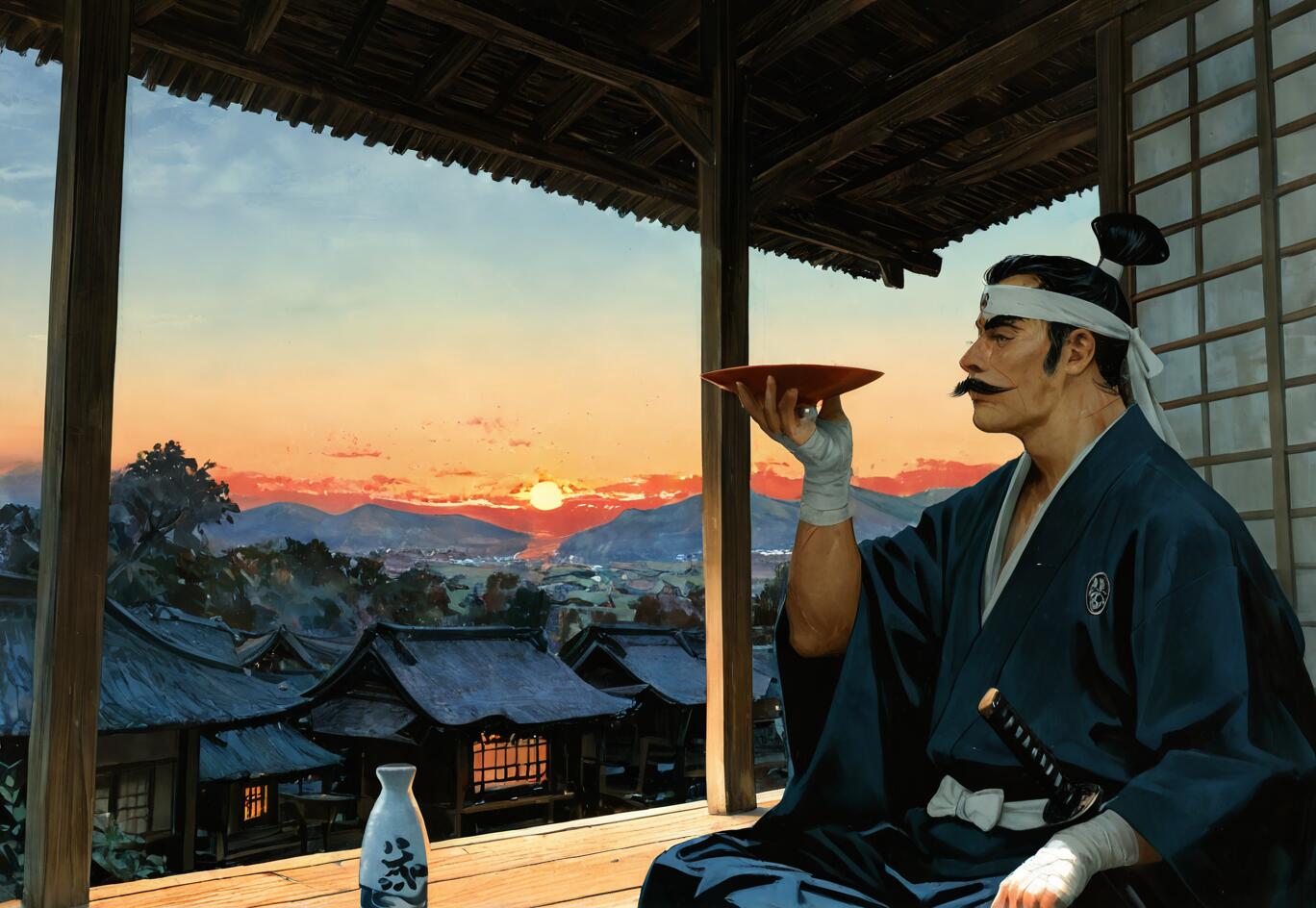 Une illustration représentant un samouraï d’âge mûr, avec une moustache et les cheveux attachés en chignon, assis sur une véranda au coucher du soleil, tenant une coupe de saké rouge et contemplant un village japonais.