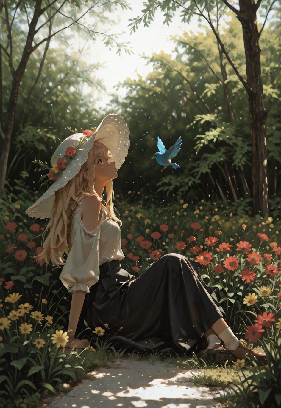 Une illustration de style manga représentant une jeune femme aux longs cheveux blonds et portant un grand chapeau de soleil blanc, assise dans un champ de fleurs rouges et jaunes. Elle lève les yeux vers un petit oiseau bleu qui vole devant elle, dans une forêt baignée de lumière.