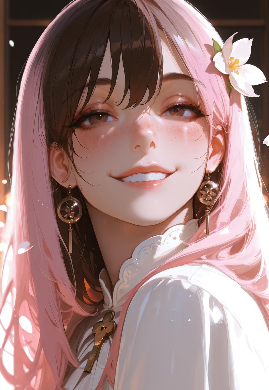 Illustration numérique de Neopolitan, un personnage du dessin animé RWBY, représentant une jeune femme aux cheveux mi-roses et mi-bruns, qui sourit doucement en regardant le spectateur. Elle porte une fleur blanche dans les cheveux, ainsi qu’une tenue blanche et des boucles d’oreilles dorées.