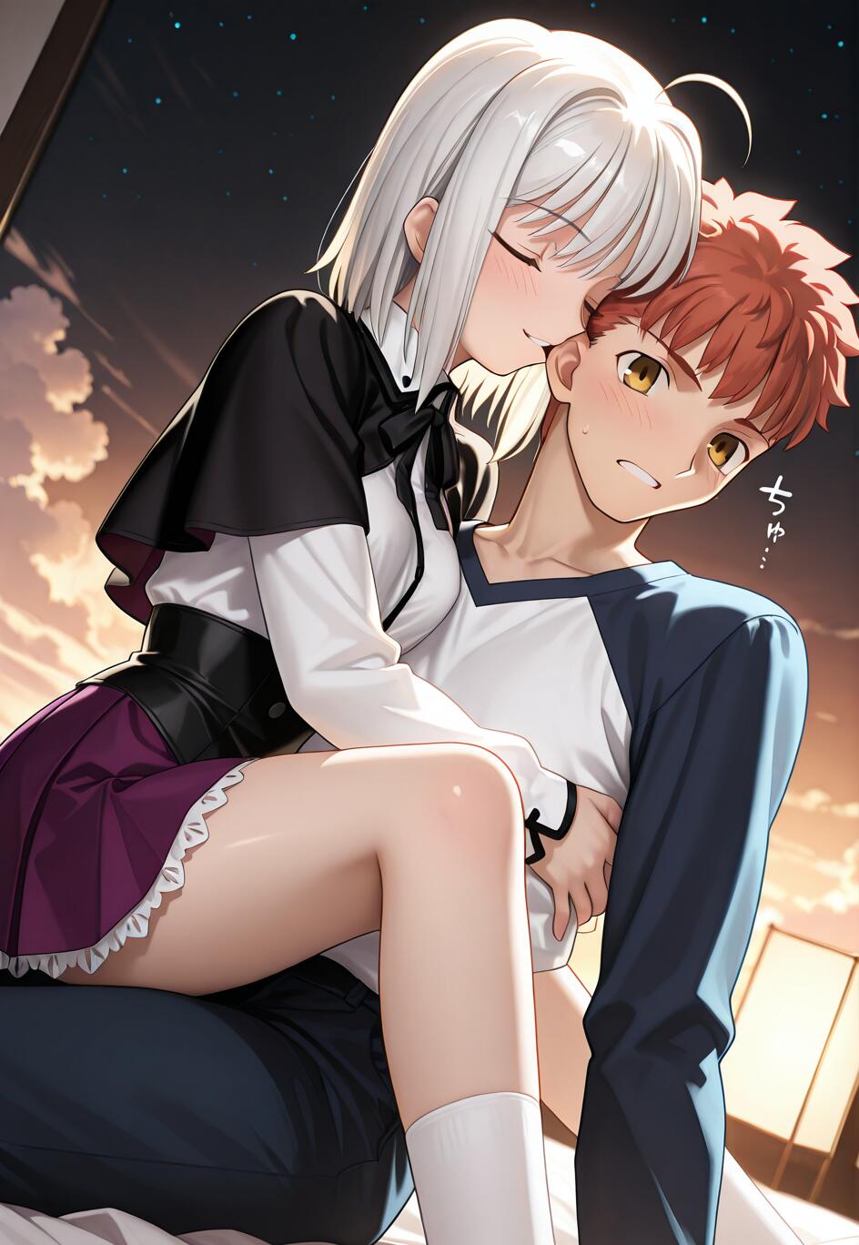 Une jeune fille aux cheveux blancs, les yeux fermés, est assise sur les genoux d’un Emiya Shirou visiblement troublé, tiré de l’univers de Fate/stay night. Elle lui embrasse la joue dans une pièce faiblement éclairée, la nuit.