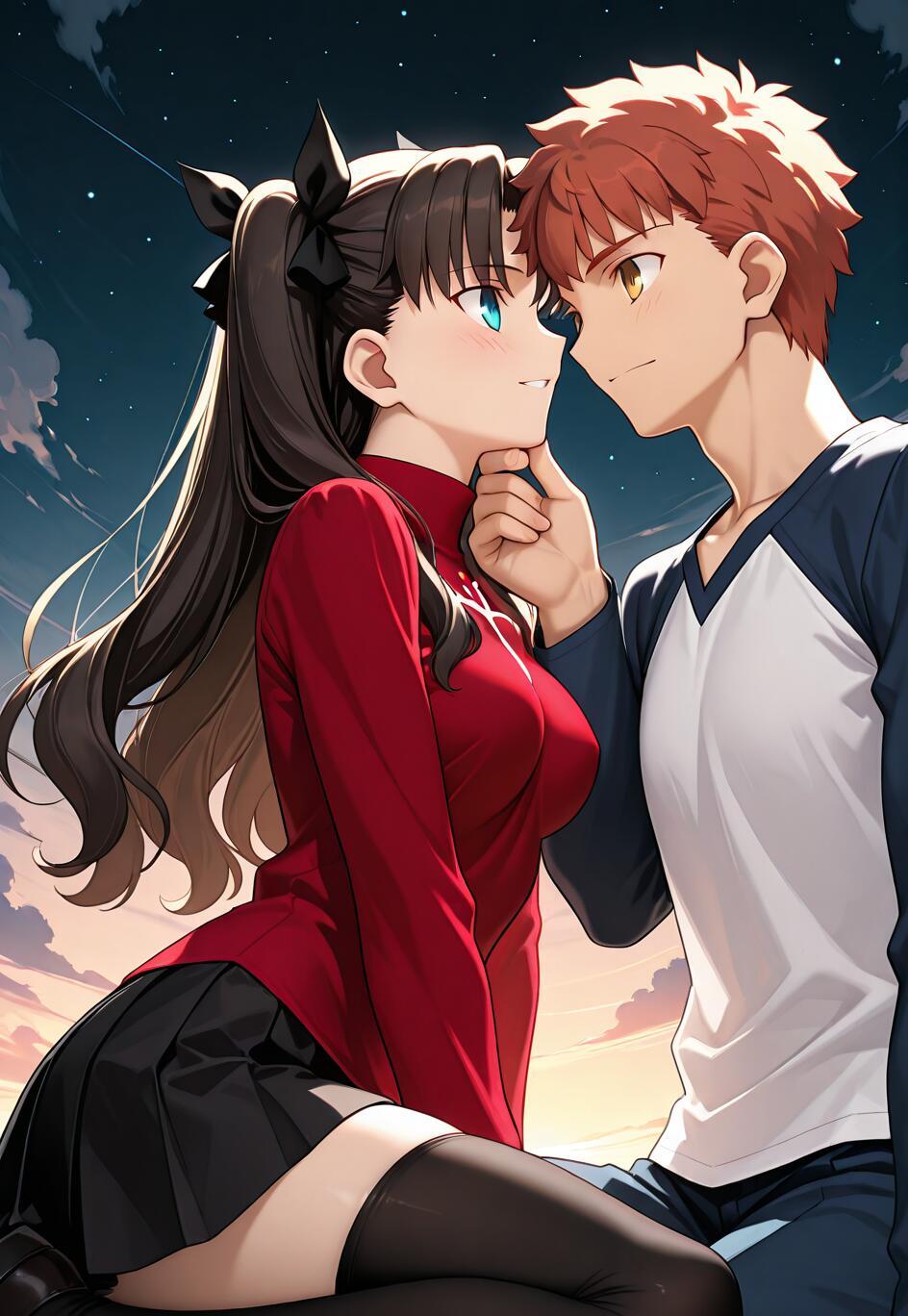 Une illustration d’anime représentant Rin Tohsaka et Shirou Emiya, tirée de Fate/stay night, partageant un moment romantique. Shirou tient le menton de Rin tandis qu’ils se regardent dans les yeux sous un ciel étoilé.