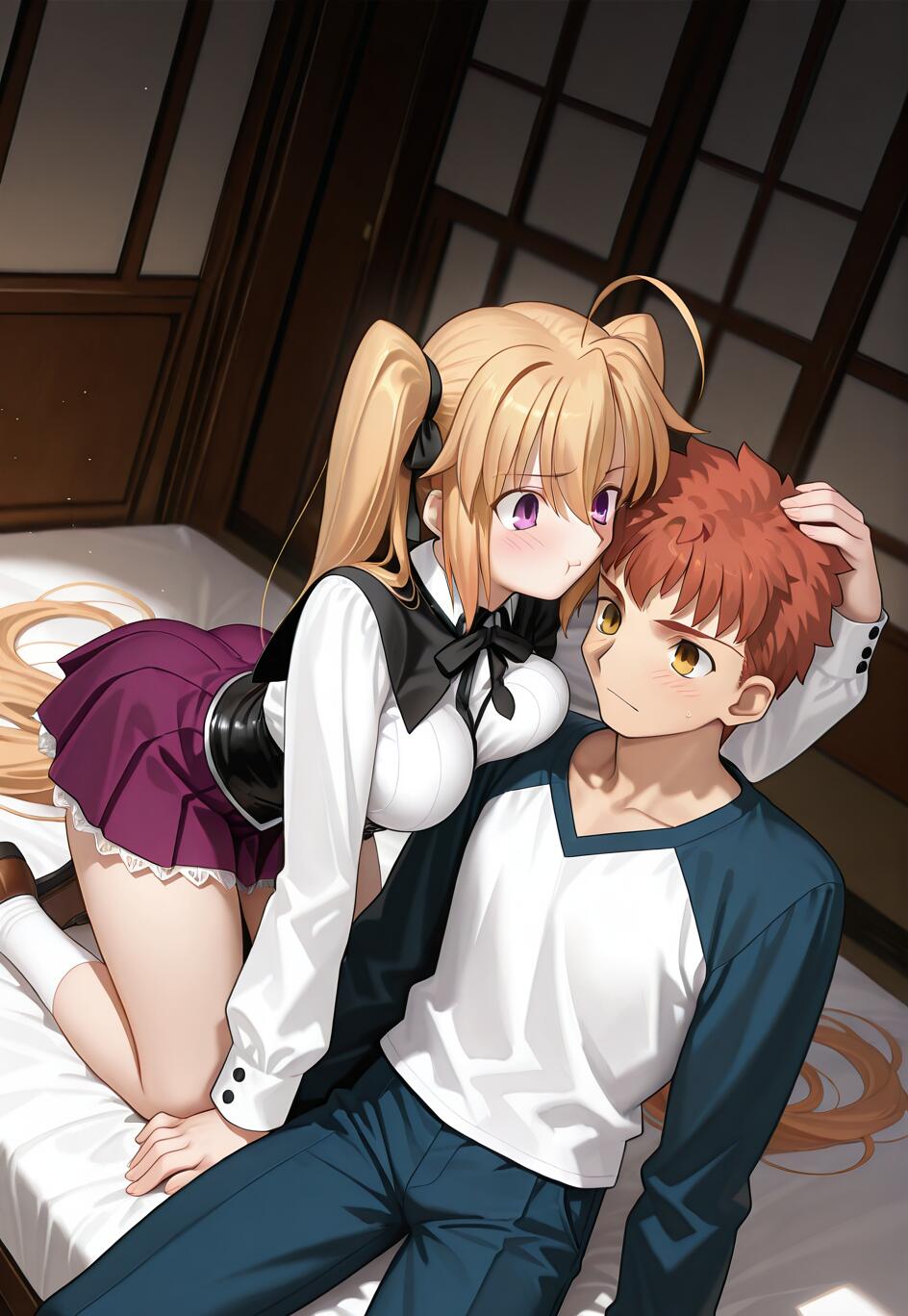 Une illustration d’anime représentant un croisement entre les univers de Fate/stay night et de High School DxD. Irina Shidou, une jeune fille blonde aux cheveux attachés en deux couettes, est agenouillée sur un lit et se penche sur Shirou Emiya, un jeune garçon aux cheveux roux, tout en lui caressant la tête. Il est allongé et la regarde, les joues rouges.