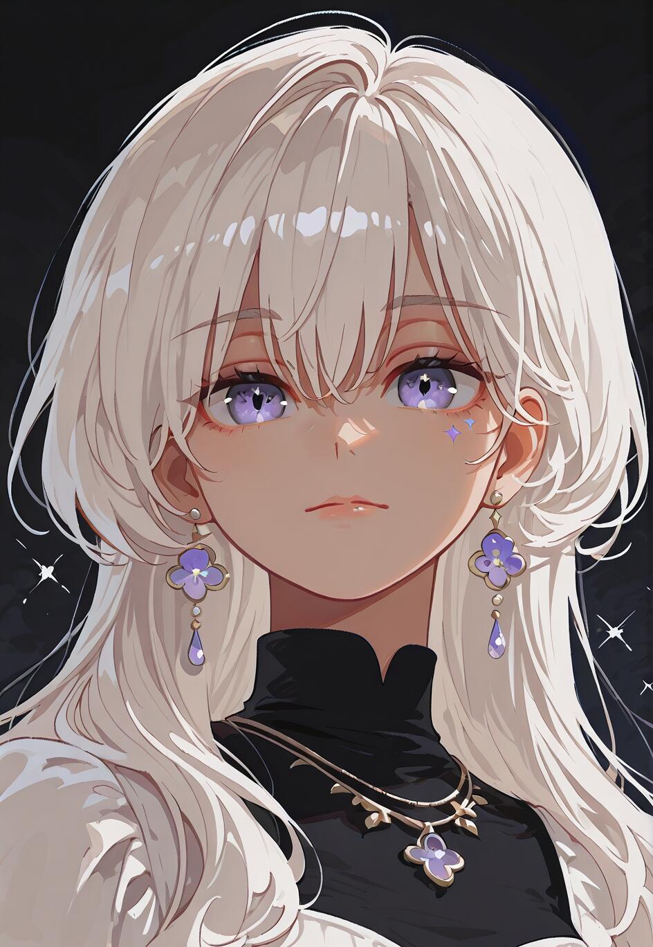 Un portrait en gros plan d’une jeune fille au style manga, avec de longs cheveux blancs ondulés et d’envoûtants yeux violets. Elle a une expression sereine et porte d’élégantes boucles d’oreilles en forme de trèfle violet, ainsi qu’un collier assorti, sur un pull à col roulé noir. L’arrière-plan est sombre, parsemé de petites étincelles blanches.