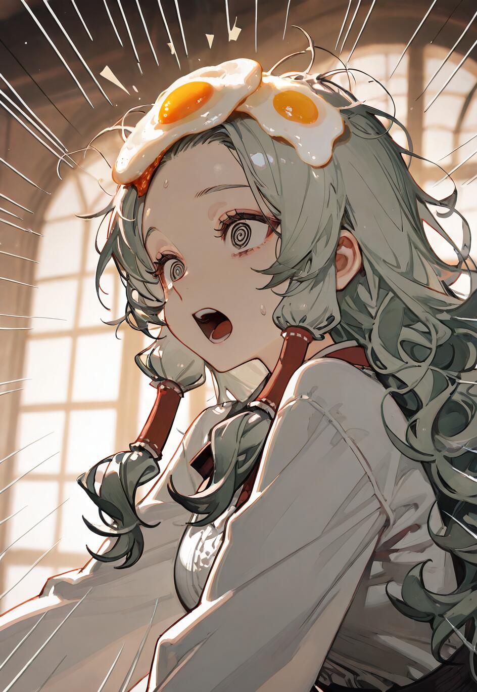 Une jeune fille au style manga, avec des cheveux verts clair ondulés et des yeux en spirale, affiche une expression de choc, la bouche ouverte, tandis que deux œufs au plat sont posés sur le dessus de sa tête.