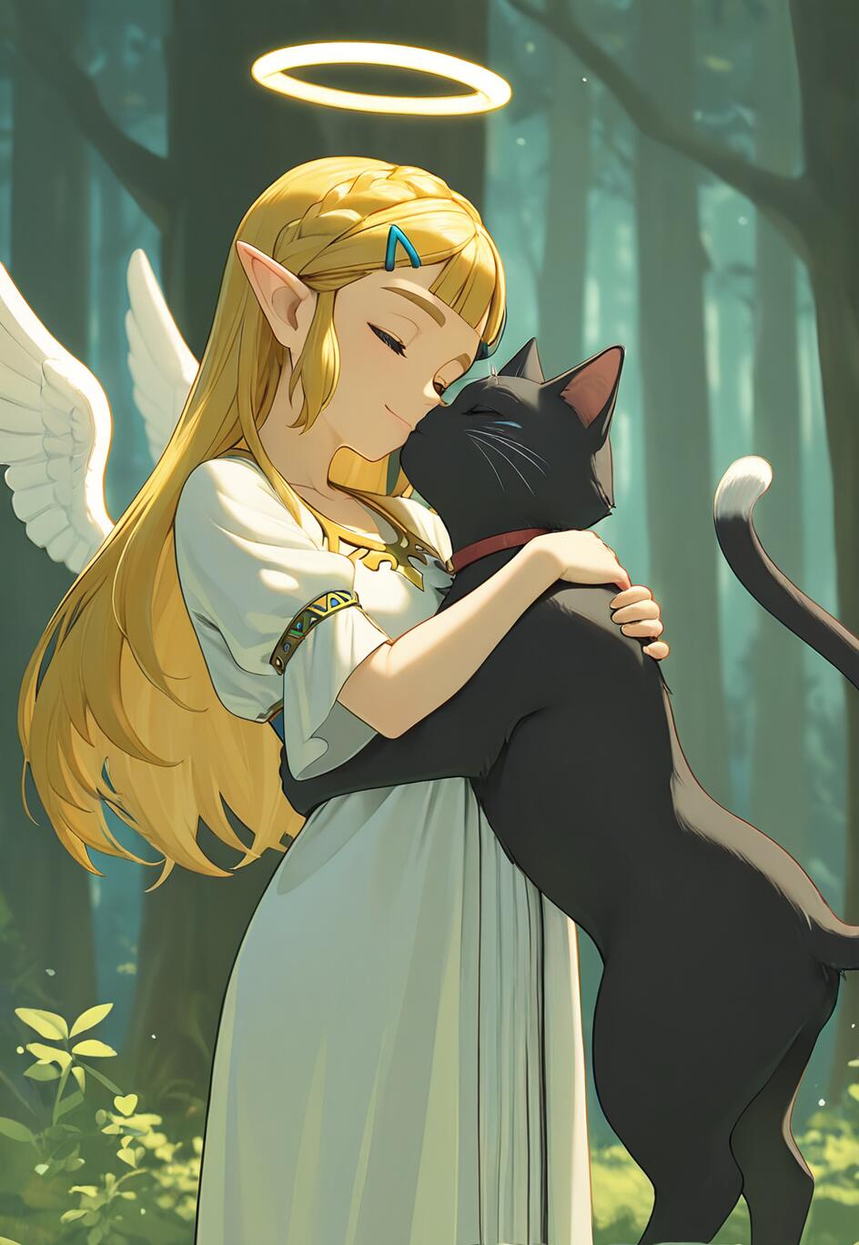Une illustration de la princesse Zelda dans un style manga, avec des ailes d’ange et un halo, tenant tendrement un chat noir dans un décor forestier.