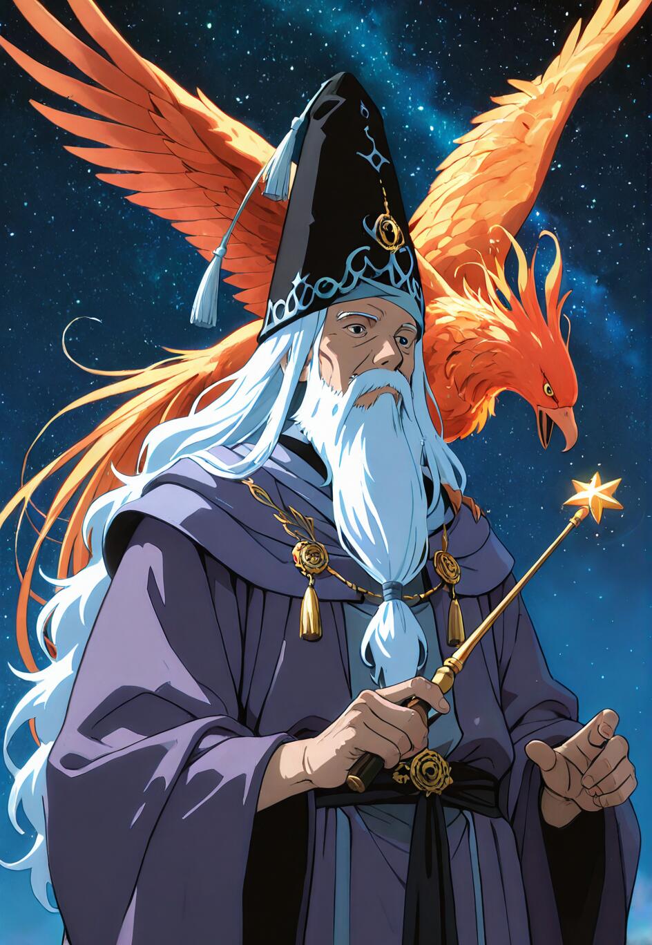 Un portrait de style manga représentant Albus Dumbledore, un sorcier à la longue barbe blanche et vêtu d’une robe violette, tenant une baguette dont l’extrémité est surmontée d’une étoile, avec un grand phénix orange derrière lui, le tout se détachant sur un ciel nocturne étoilé.