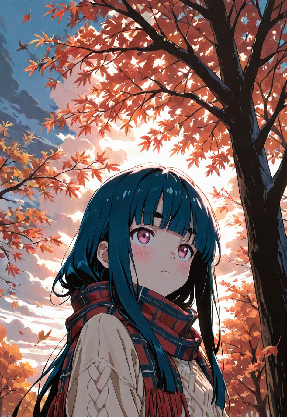 Une illustration d’anime représentant Akane Kinoshita, personnage de la série « Loving Yamada at Lv999 ! », avec des cheveux bleu foncé et une écharpe à carreaux, debout sous un arbre aux feuilles d’automne d’un orange vif.