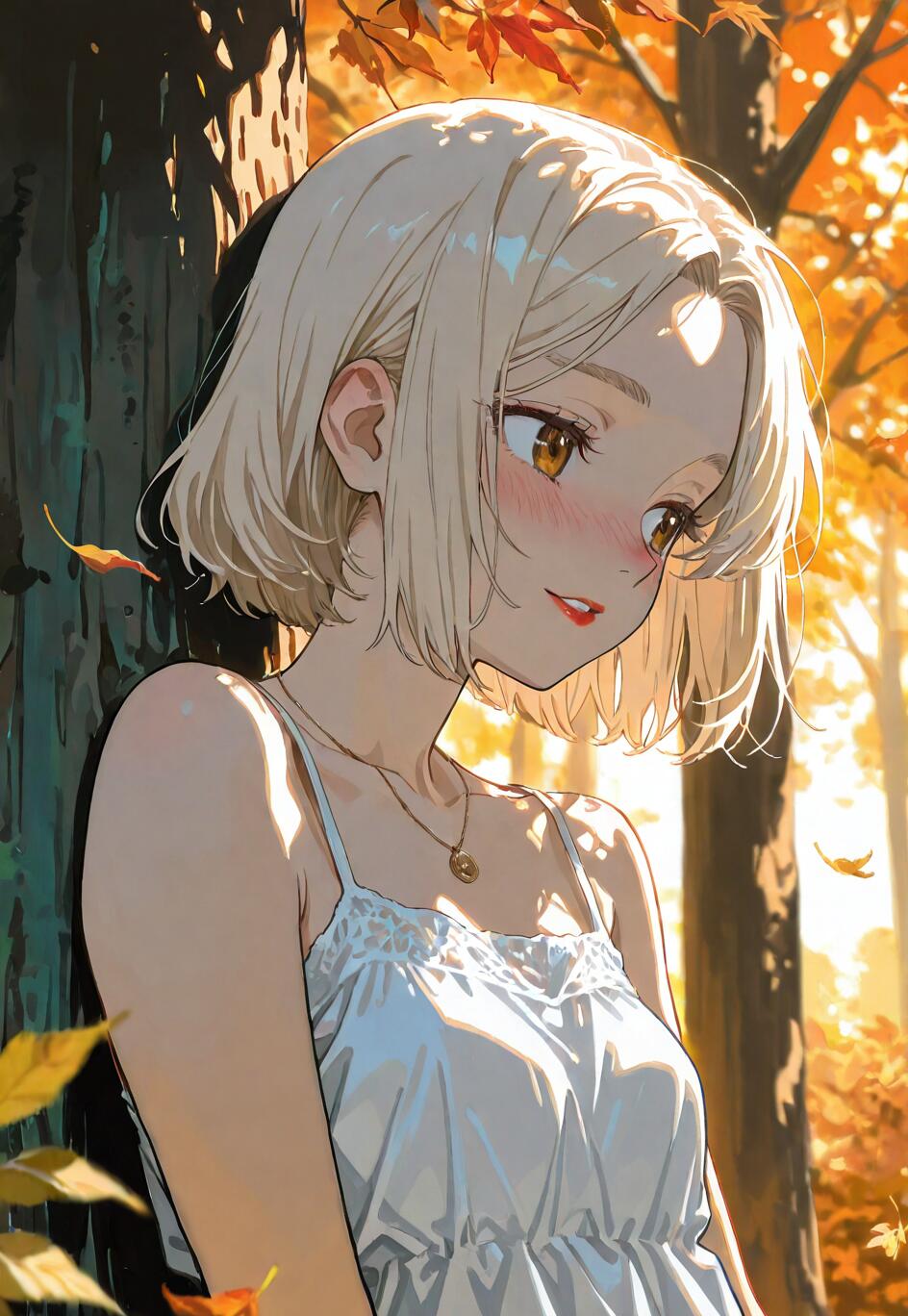 Une magnifique jeune fille, dans le style des dessins animés japonais, avec de courts cheveux blond platine et une robe blanche, est appuyée contre un arbre dans une forêt automnale, au moment où le soleil décline, et elle sourit doucement en regardant sur le côté.