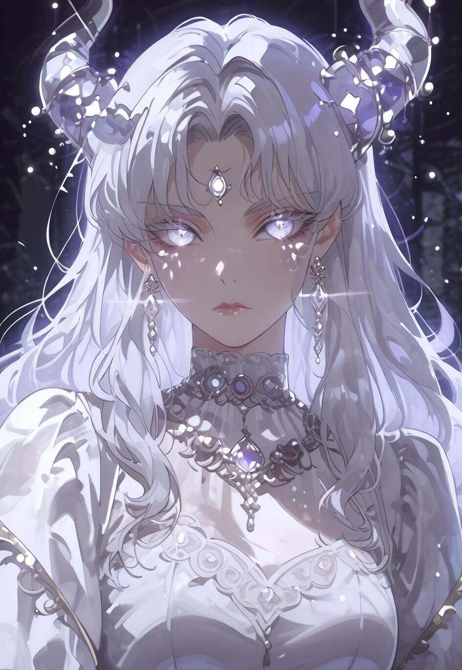 Un portrait dans le style de l’animation japonaise (anime) représentant une belle femme aux longs cheveux blancs, aux yeux blancs lumineux et aux cornes cristallines. Elle porte une élégante robe blanche et des bijoux en argent ornés, le tout sur un fond sombre et scintillant.