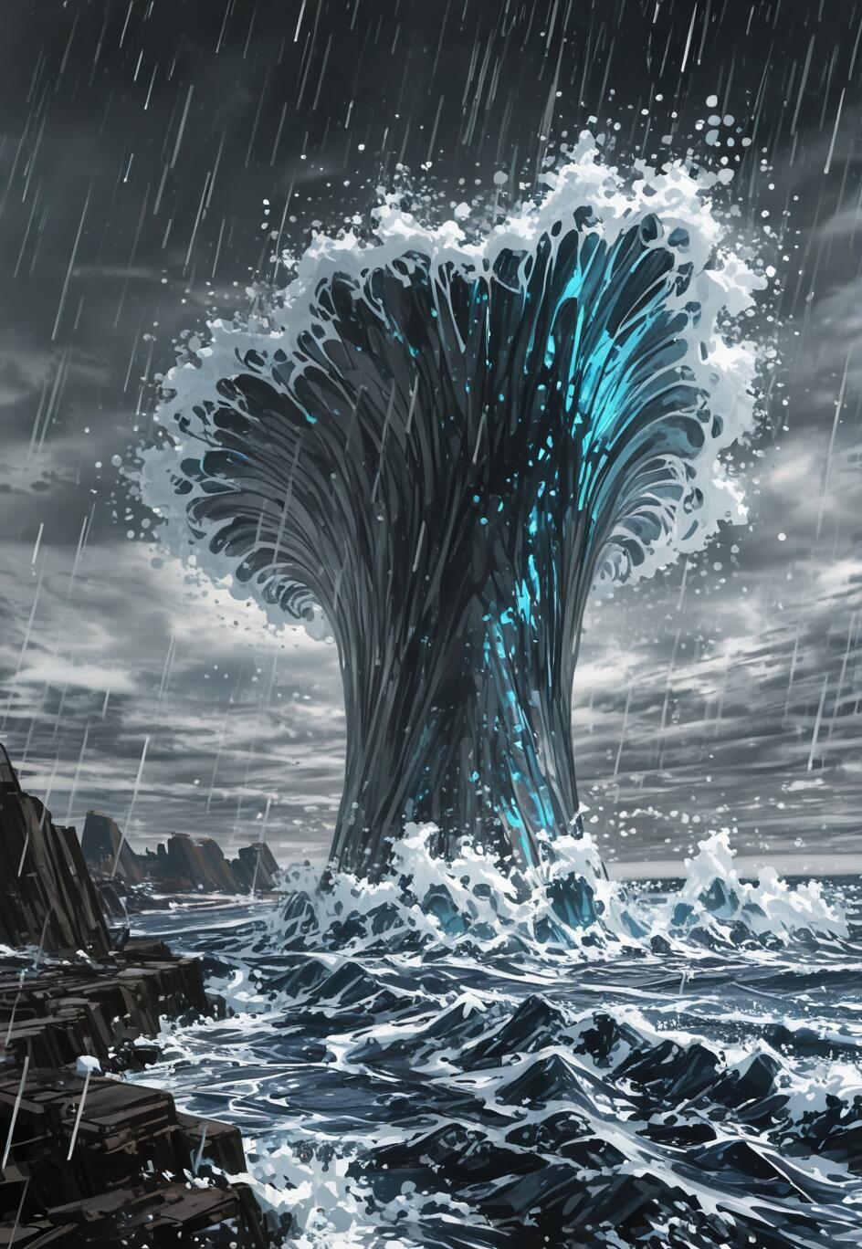Une peinture fantastique et spectaculaire représentant une mer déchaînée, où une immense colonne d’eau en forme d’arbre s’élève, illuminée d’une lumière bleu vif provenant de son intérieur. La pluie tombe d’un ciel sombre et nuageux sur l’océan agité et une côte rocheuse.