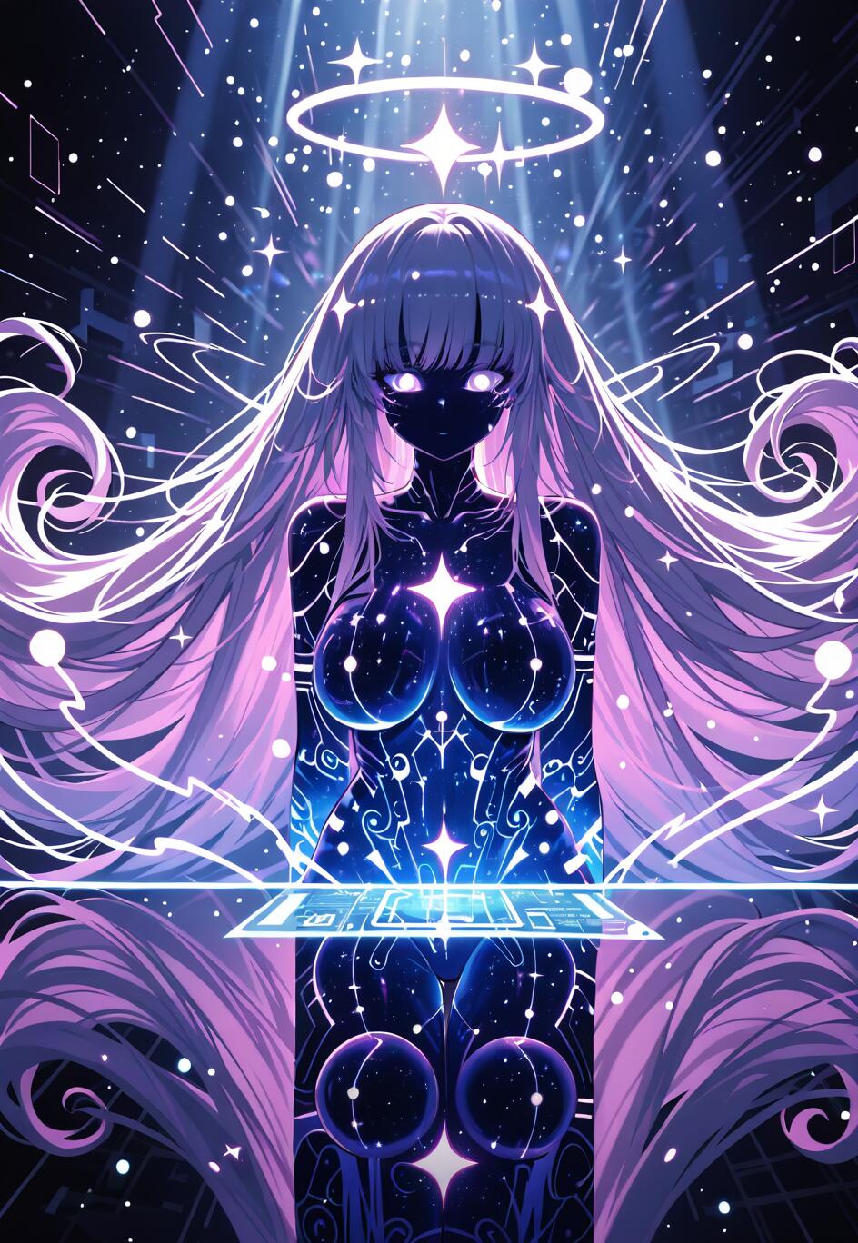 Une femme céleste au style manga, avec de longs cheveux lilas, une peau ornée de motifs galactiques et un halo étoilé, interagissant avec un clavier holographique flottant dans un espace numérique et cosmique.