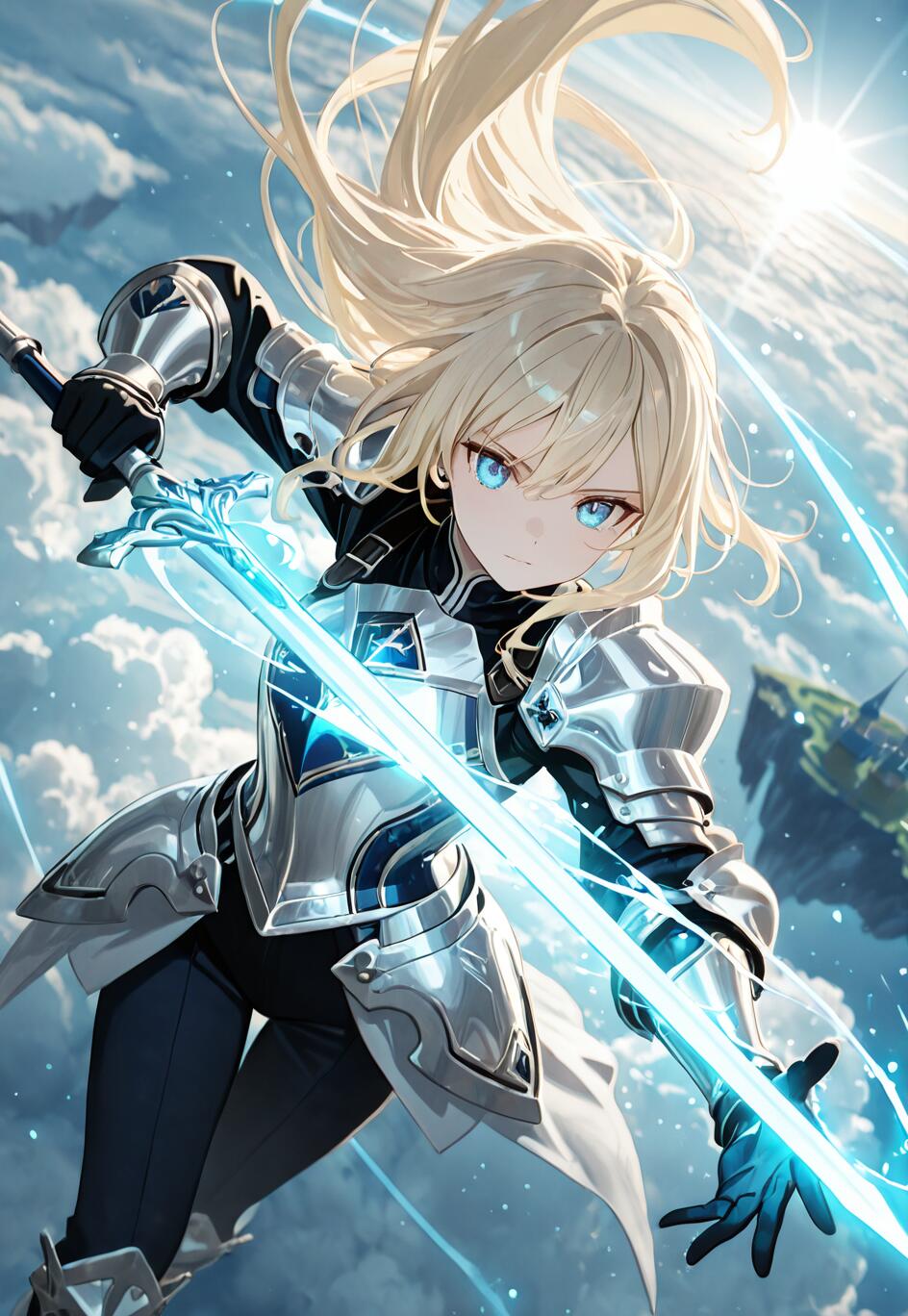 Une chevalière au style manga, avec de longs cheveux blonds et des yeux bleus, portant une armure argentée ornée et tenant une épée bleue lumineuse. Elle est représentée dans une pose dynamique, avec en arrière-plan des nuages, un soleil éclatant et une île flottante.