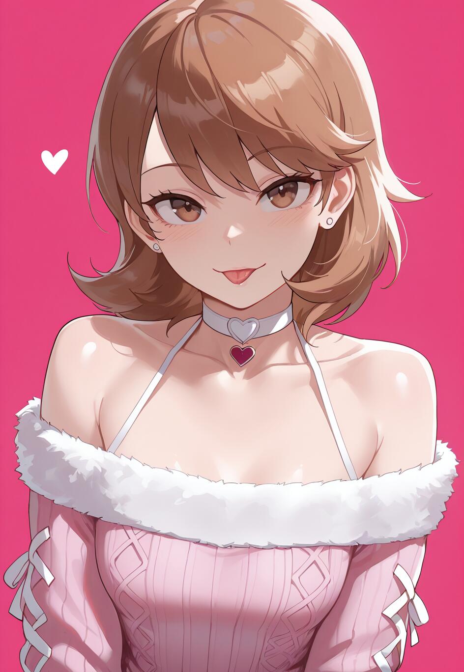 Illustration numérique de Yukari Takeba, personnage du jeu Persona 3, avec de courts cheveux bruns et un sourire espiègle. Elle porte un pull rose à décolleté plongeant orné de fourrure, un haut blanc à fines bretelles et un collier en forme de cœur, le tout sur un fond rose uni.