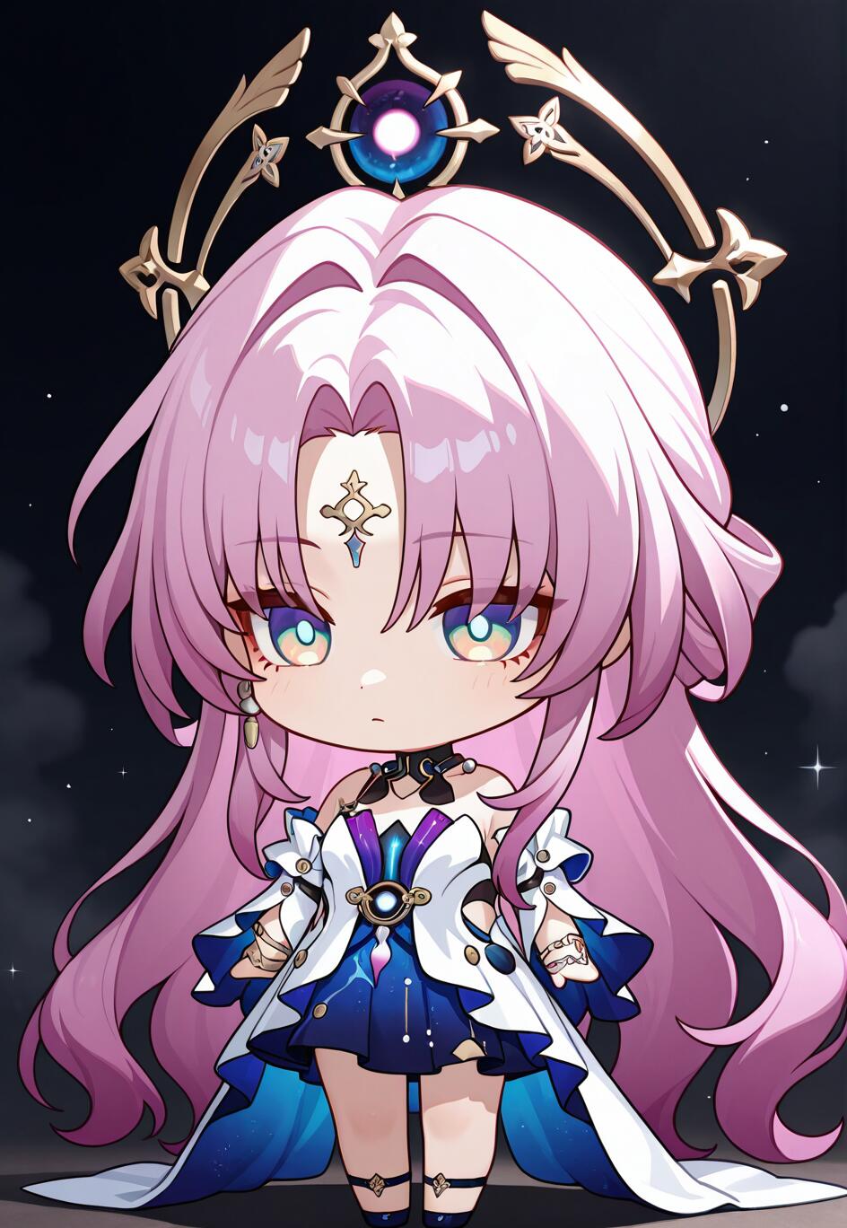 Un adorable dessin de Fu Xuan dans le style chibi, tiré du jeu Honkai : Star Rail. Elle a de longs cheveux roses, une couronne dorée et une robe blanche et bleue aux détails soignés. Elle est représentée debout sur un fond sombre parsemé d’étoiles.