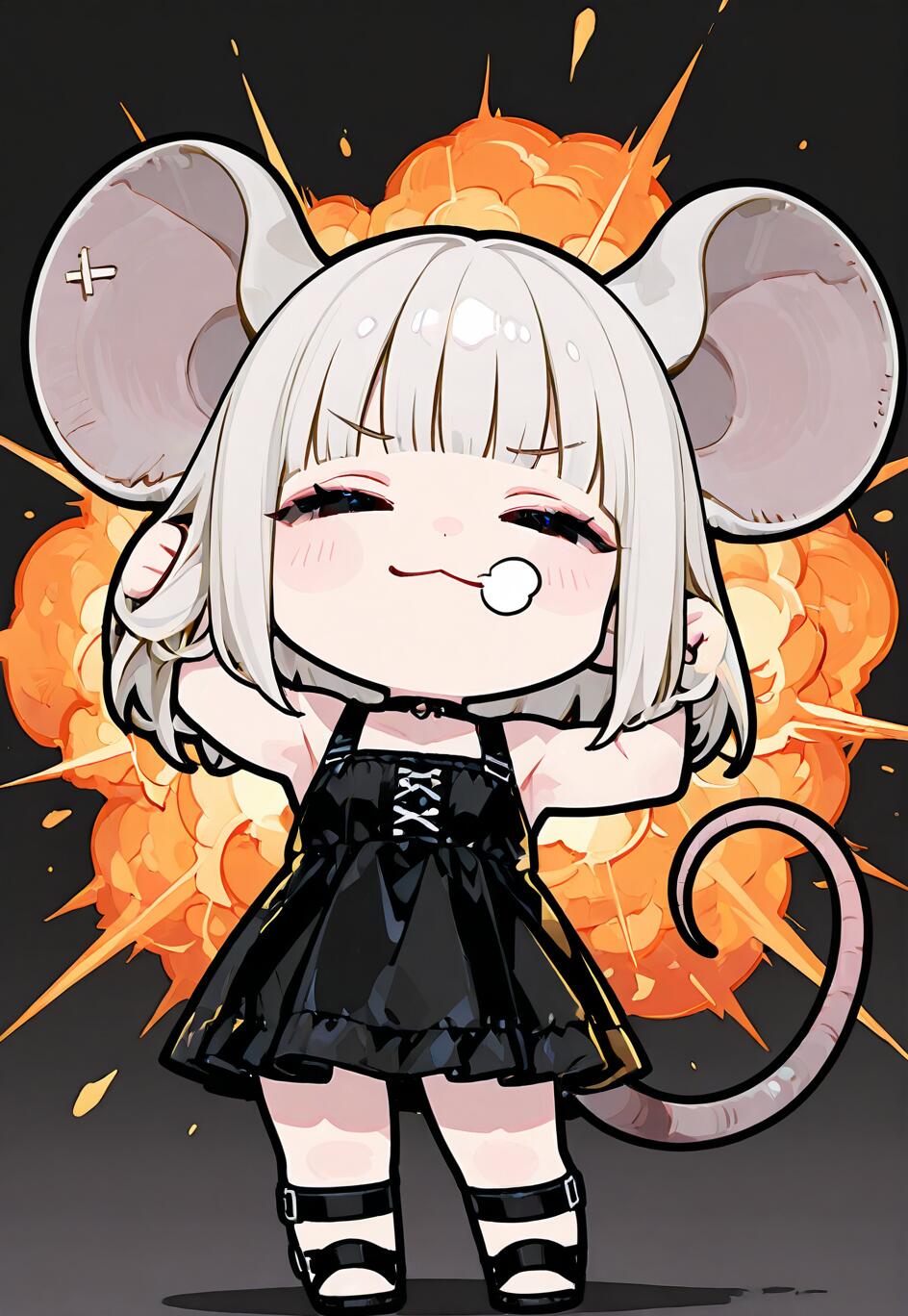 Une jeune fille d’anime de style « chibi », avec de grandes oreilles de souris et des cheveux argentés, identifiée comme Nazrin, issue de l’univers de Touhou Project. Elle porte une robe noire et pose avec assurance devant une explosion enflammée.