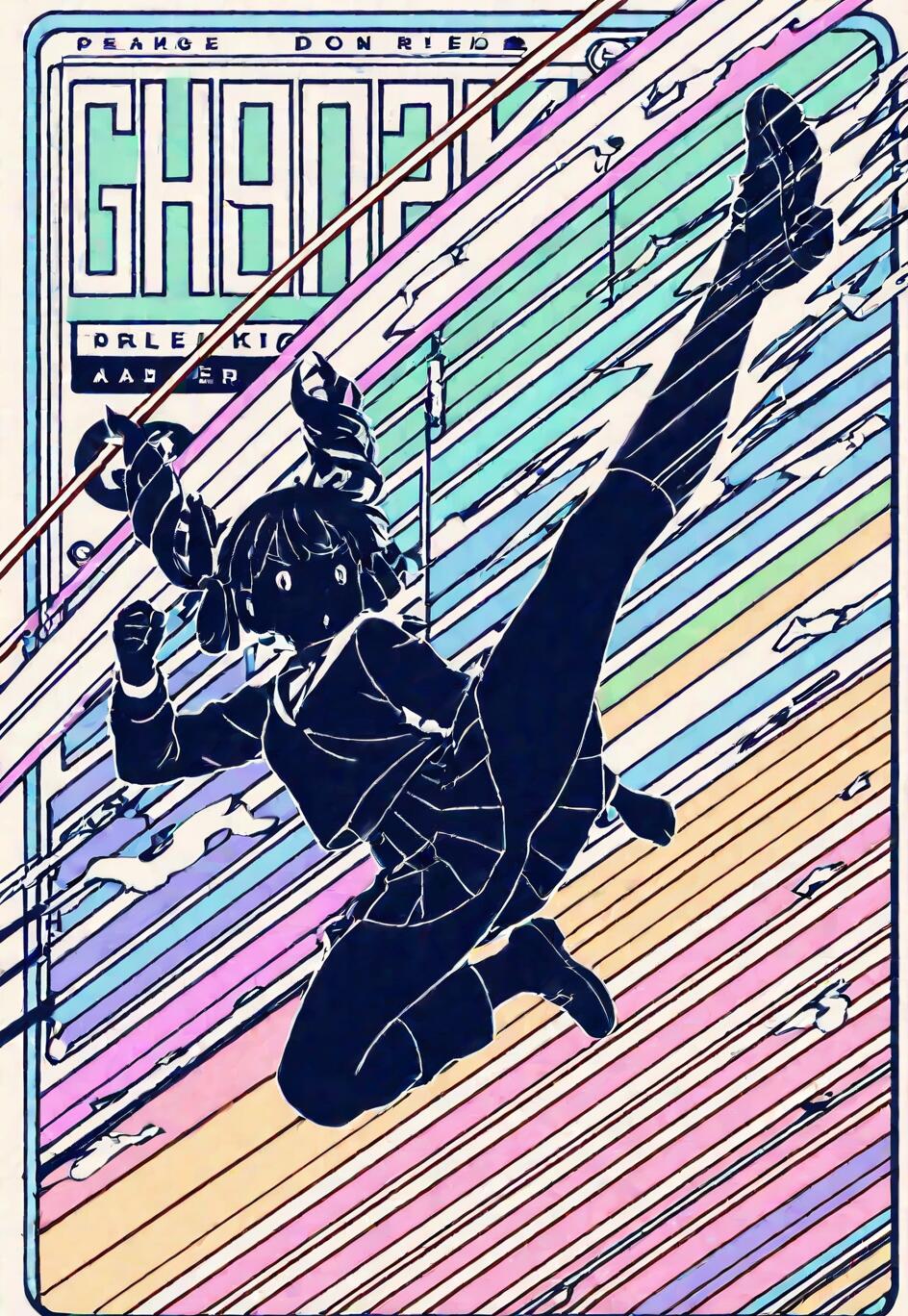 Une illustration numérique de style manga représentant la silhouette d’une écolière aux cheveux attachés en deux couettes, effectuant un coup de pied spectaculaire. Elle est délimitée en blanc sur un fond de rayures pastel colorées disposées en diagonale, ce qui suggère la vitesse et le mouvement.