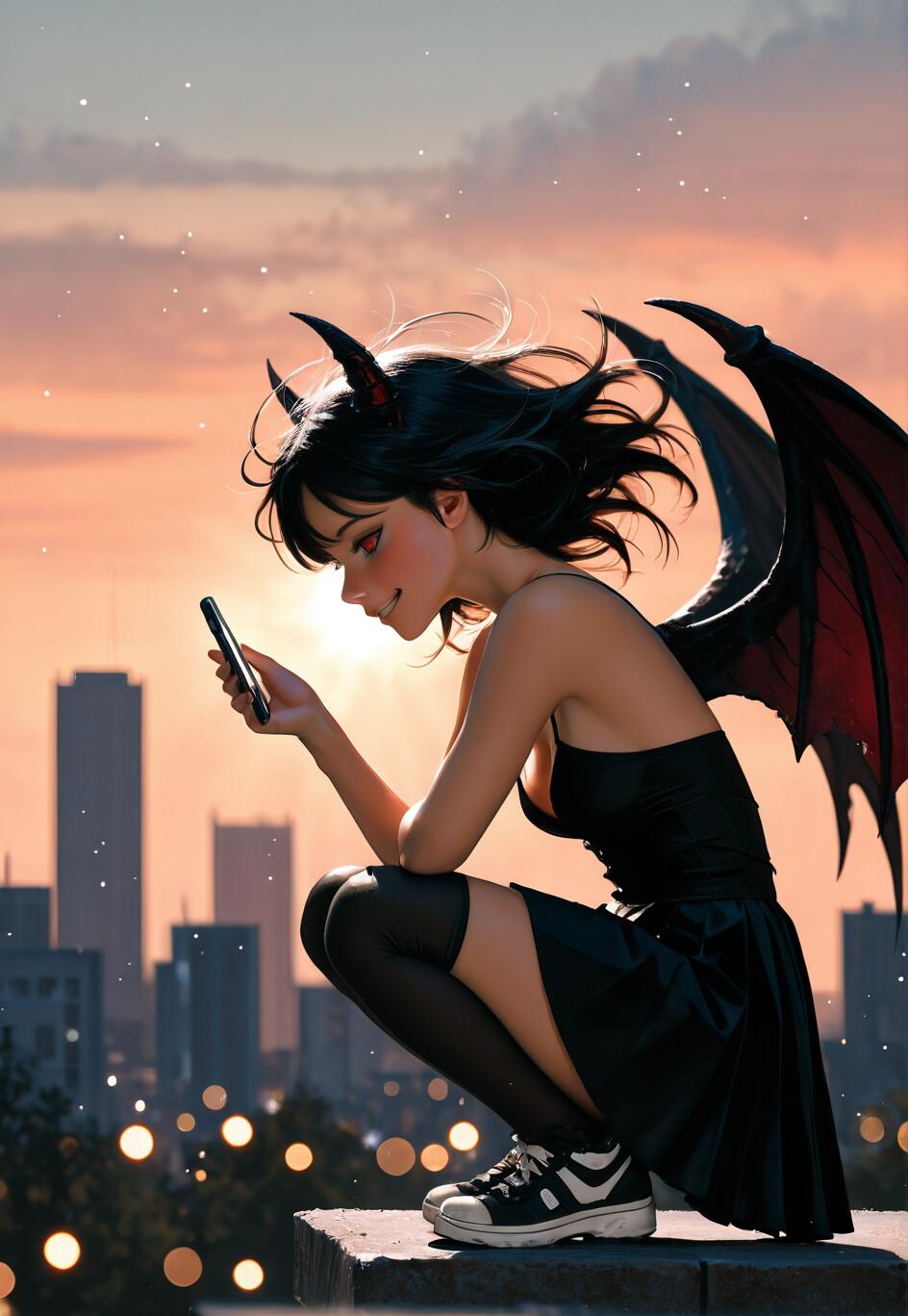 Une illustration de style manga représentant une jeune femme aux cheveux noirs, dotée de cornes de démon et de grandes ailes noires, assise à califourchon sur un toit, souriante, et regardant son téléphone. On aperçoit l’horizon de la ville derrière elle, au moment d’un coucher de soleil aux couleurs vives.