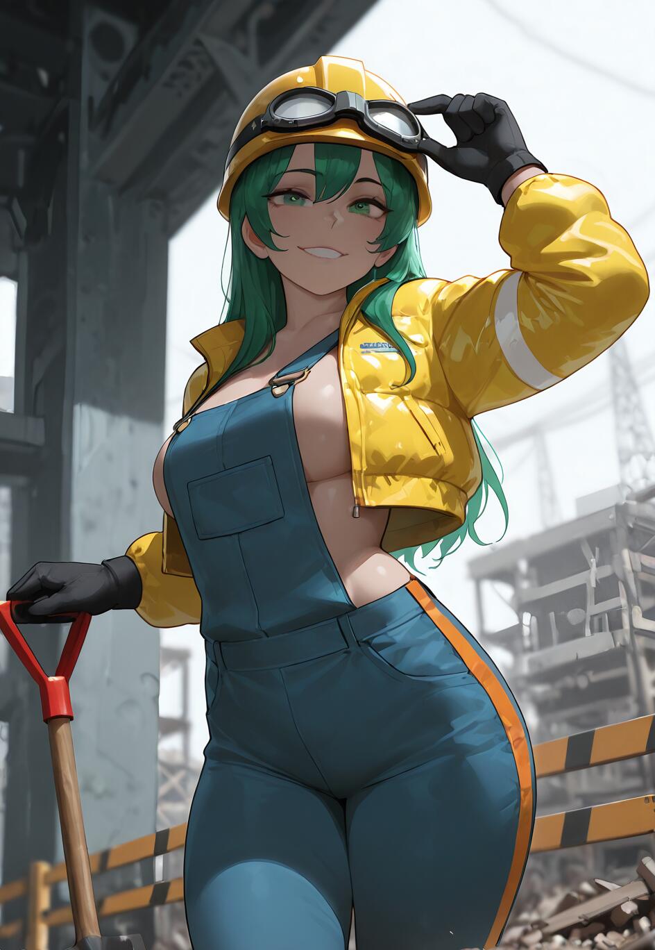 Une jeune fille d’anime aux longs cheveux verts, arborant un sourire confiant, est vêtue d’une tenue de travailleur du bâtiment : un casque jaune, une veste jaune et une salopette bleue. Elle tient une pelle sur un chantier.