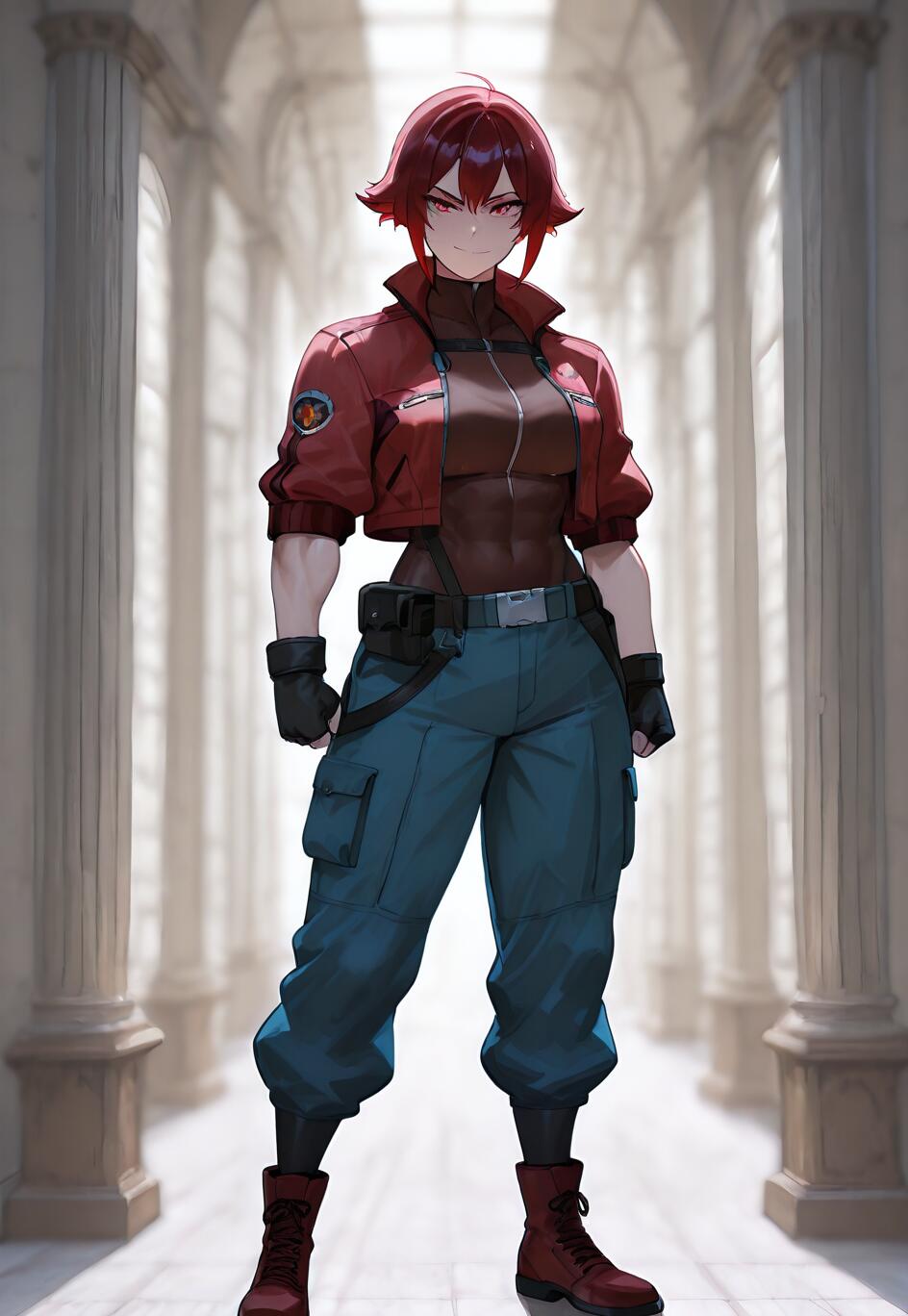 Une illustration complète d’une femme d’anime aux muscles saillants, aux cheveux courts et rouges et aux yeux rouges, portant une veste rouge, un pantalon cargo bleu et des bottes de combat, et se tenant debout dans un long couloir bordé de piliers.