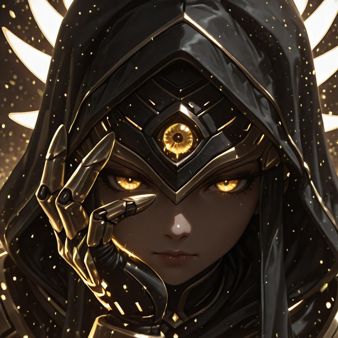 Un portrait en gros plan du personnage Justicar Syndra, tiré du jeu League of Legends. Elle a des yeux jaunes lumineux et porte une capuche noire sur un couvre-chef orné, noir et doré, orné d’un symbole représentant un troisième œil. Elle tient une main métallique, protégée par une armure, près de son visage, sur un fond de particules lumineuses.