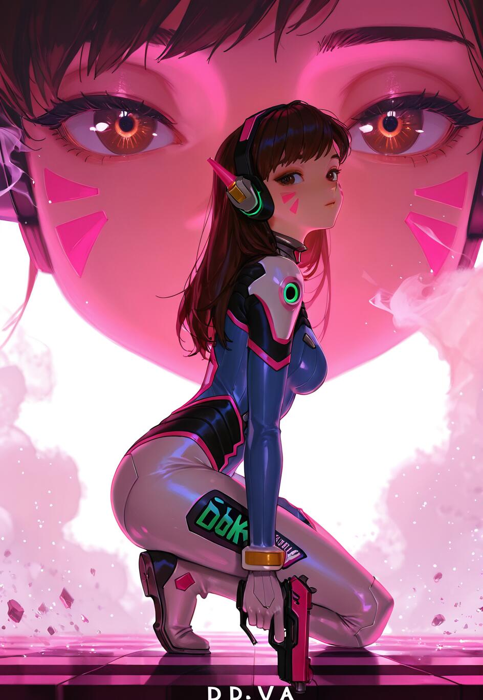 Une illustration de D.Va, personnage du jeu Overwatch, la représentant en pied, accroupie sur un sol à carreaux roses et noirs. Elle porte sa combinaison de pilote, tient un pistolet rose et regarde par-dessus son épaule. Un gros plan de son visage, teinté de rose, est visible en arrière-plan.