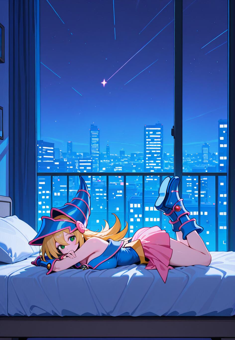 La Magicienne Sombre, personnage de Yu-Gi-Oh!, porte sa tenue emblématique bleue et rose et est allongée sur le ventre sur un lit, dans un appartement situé dans un immeuble de grande hauteur. On peut voir, à travers la fenêtre, le paysage urbain nocturne et une étoile filante.