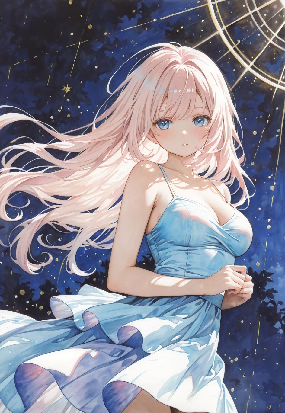 Une illustration de style manga représentant Elysia, un personnage du jeu Honkai Impact 3rd. Il s’agit d’une jeune fille magnifique, aux longs cheveux roses et aux yeux bleus, portant une longue robe bleu clair, le tout se détachant sur un ciel nocturne étoilé et magique.