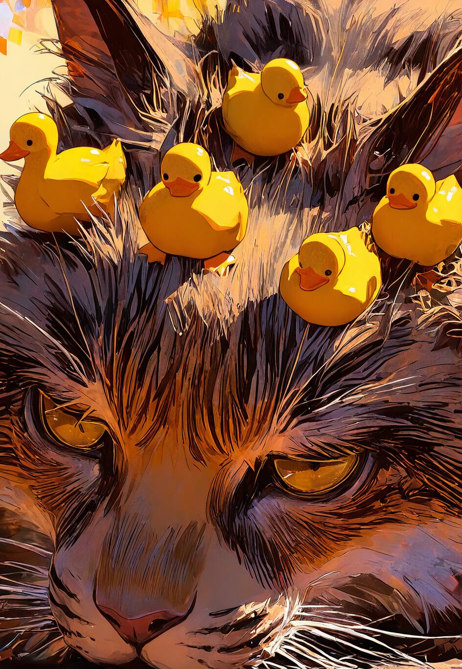 Une illustration détaillée et picturale du visage d’un chat tigré grognon, présentée en très gros plan. Six petits canards en caoutchouc jaune vif sont posés sur sa tête, comme une couronne.