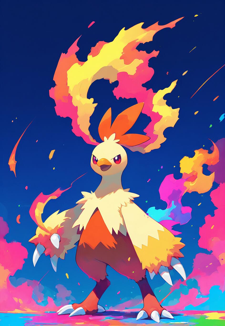 Une illustration numérique du Pokémon Combusken, représenté dans une pose confiante. Des flammes jaillissent de sa crête, sur un fond éclatant aux couleurs vives, composé de touches de bleu, de rose et de jaune.