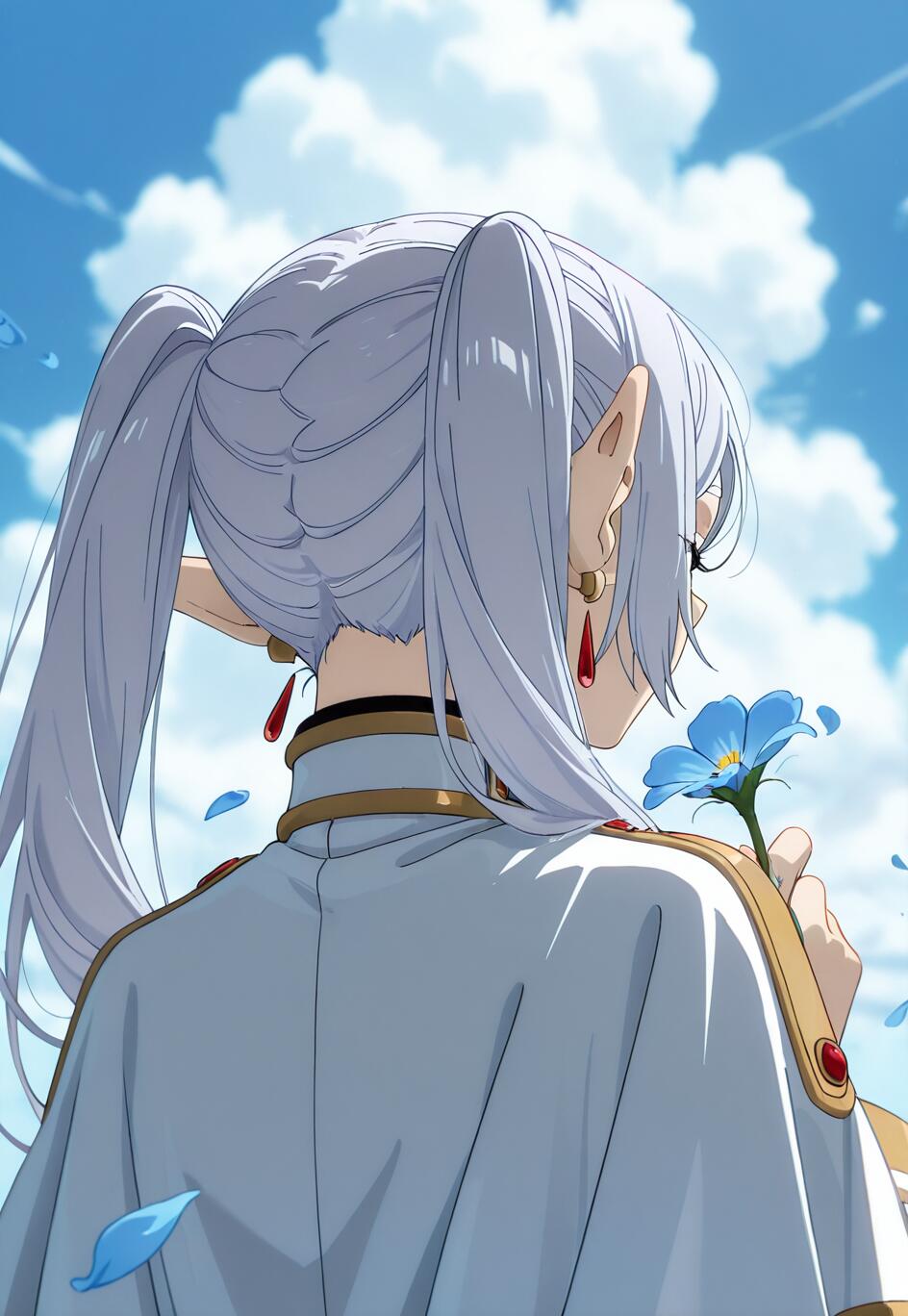 Une illustration d’anime représentant Frieren, une elfe, vue de dos, avec ses longs cheveux blancs attachés en deux couettes. Elle tient une seule fleur bleue et la regarde sous un ciel bleu clair parsemé de nuages blancs.