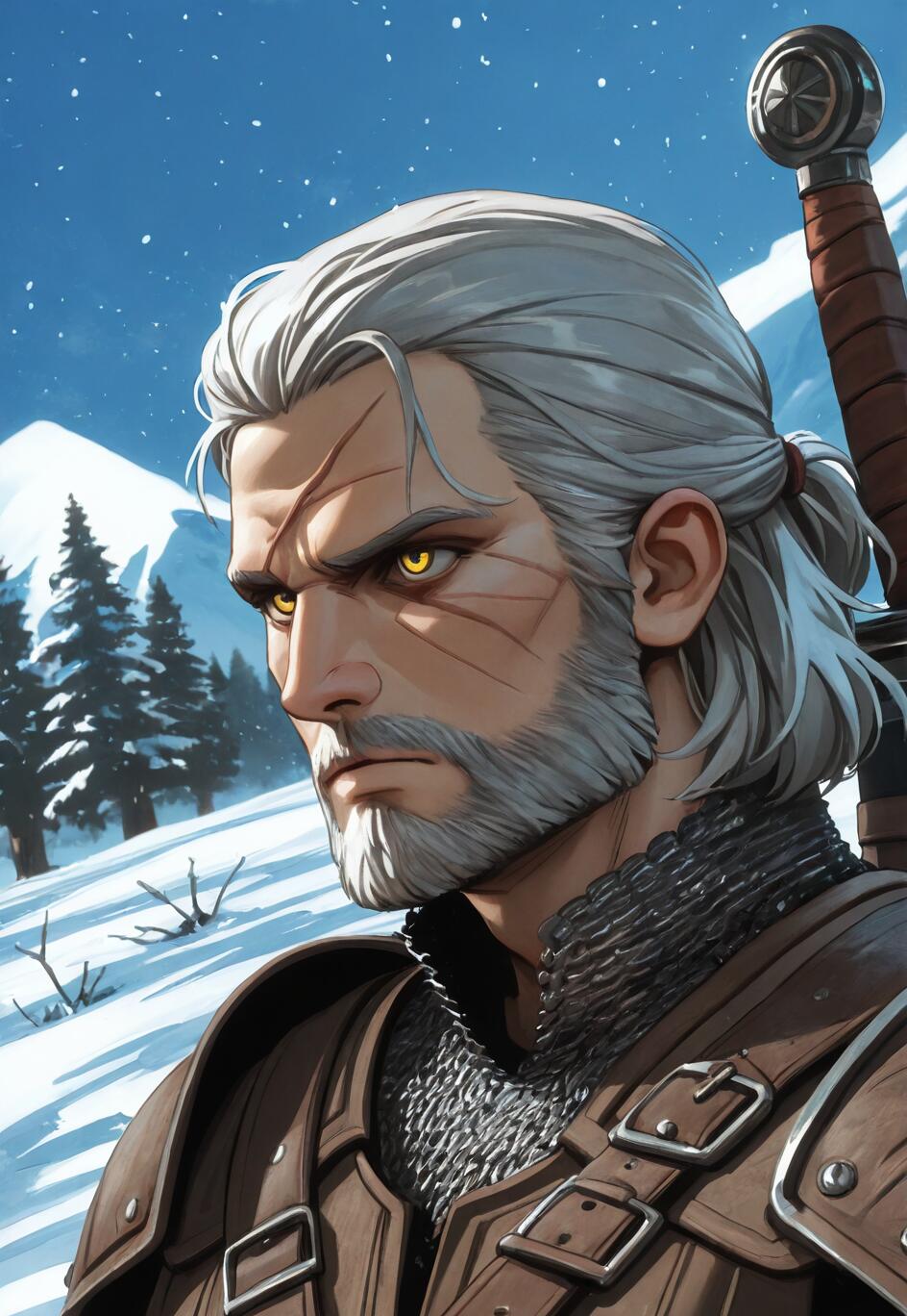 Une illustration de Geralt de Rivie, tirée de la série The Witcher, où il apparaît avec des cheveux blancs, une barbe et des yeux jaunes, et regarde sur le côté. Il se trouve dans un environnement enneigé et montagneux, vêtu d’une armure en cuir et en cotte de mailles, avec une épée attachée dans le dos.