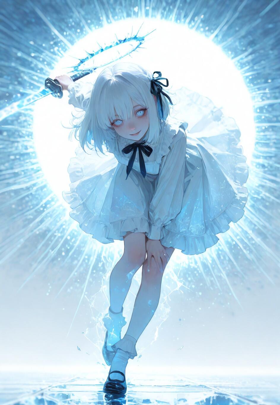 Une illustration représentant une jeune fille d’anime en pied, avec des cheveux blancs et une robe blanche à volants. Elle tient un katana de glace bleu lumineux et sourit en regardant le spectateur, debout sur une surface de glace fissurée devant une lumière circulaire et éclatante.