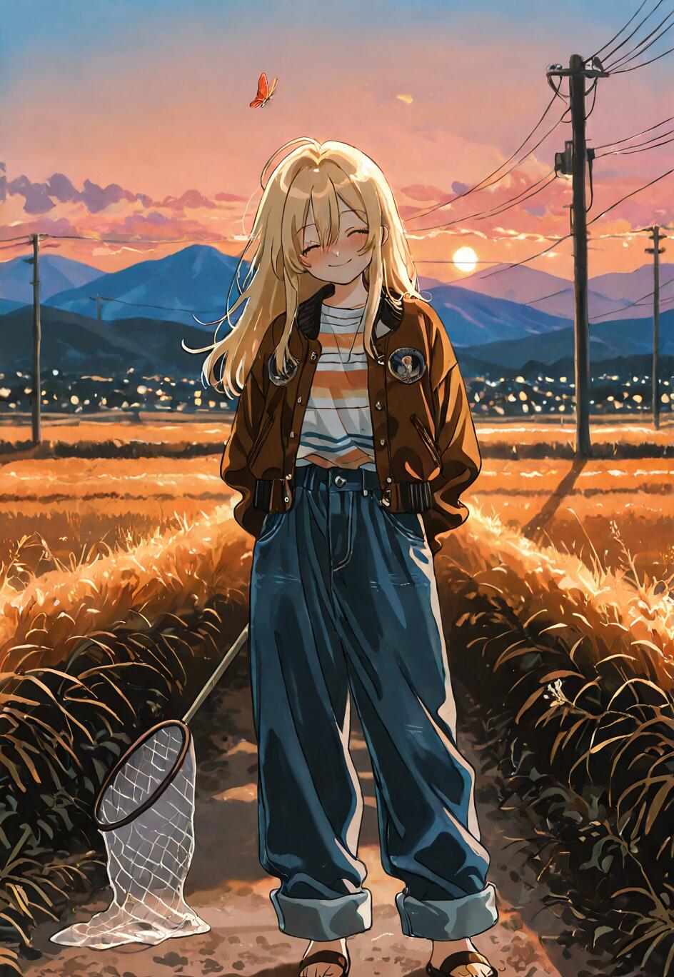 Une illustration de style manga représentant une jeune fille blonde, souriante, vêtue d’une veste marron et d’un jean ample, debout sur un chemin dans un champ de riz doré au coucher du soleil, tenant un filet à papillons.