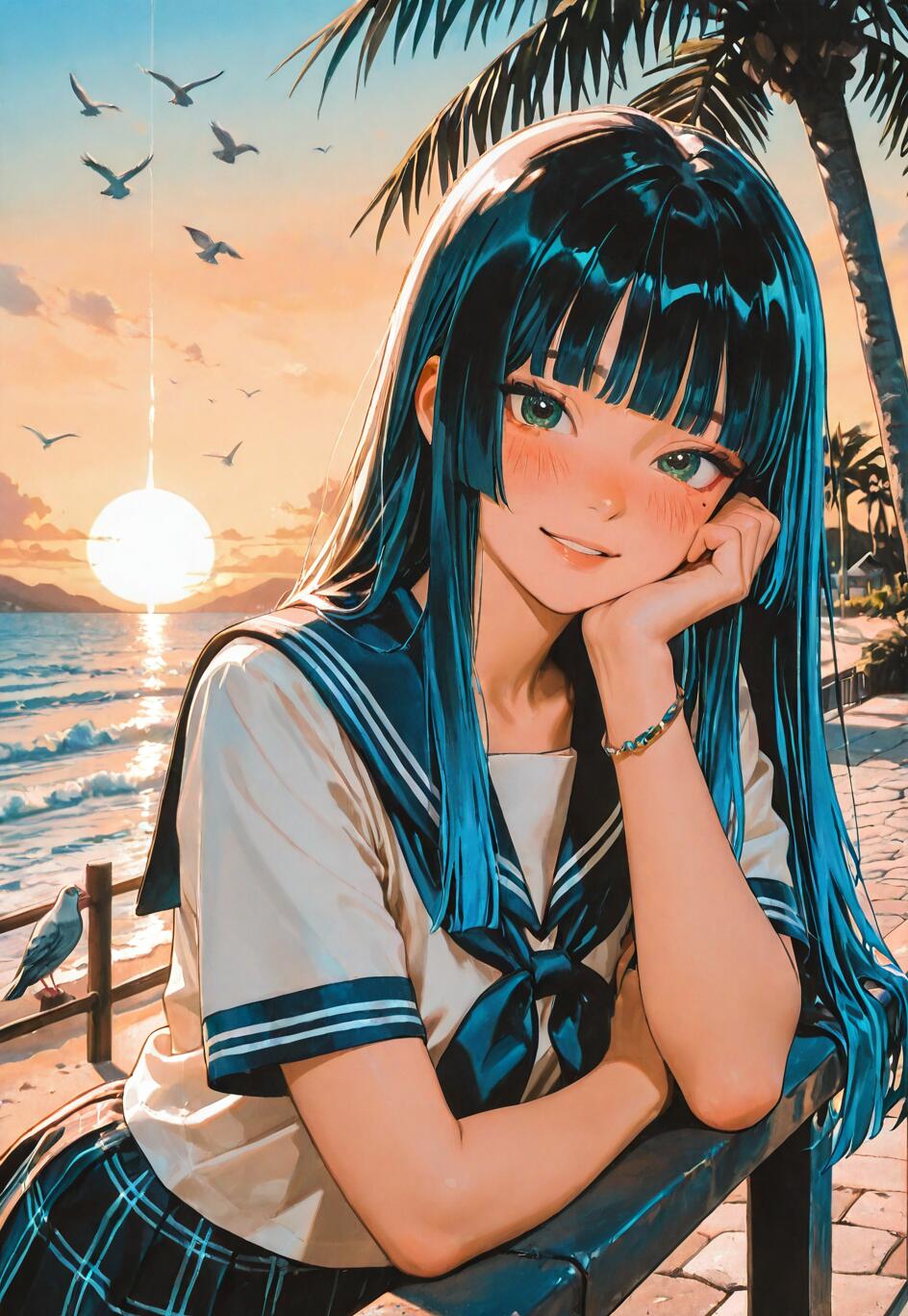 Une jeune fille au style manga, avec de longs cheveux bleus et des yeux verts, porte un uniforme scolaire de type marin et est appuyée à une rambarde, un sourire aux lèvres. En arrière-plan, on aperçoit une magnifique plage au coucher du soleil, avec des palmiers et des oiseaux qui volent dans le ciel.
