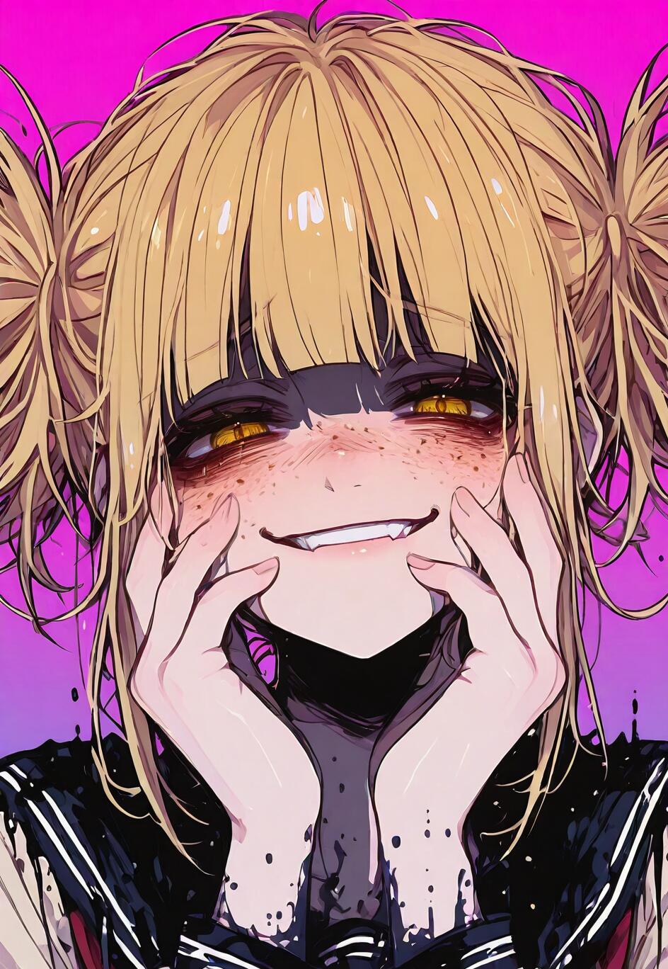 Un portrait de Himiko Toga, dans le style des dessins animés japonais, tiré de l’œuvre My Hero Academia. Elle a les cheveux blonds, coiffés en deux chignons désordonnés, des yeux dorés et un large sourire dévoilant ses dents. Ses mains sont posées sur ses joues, et son expression est étrangement joyeuse.
