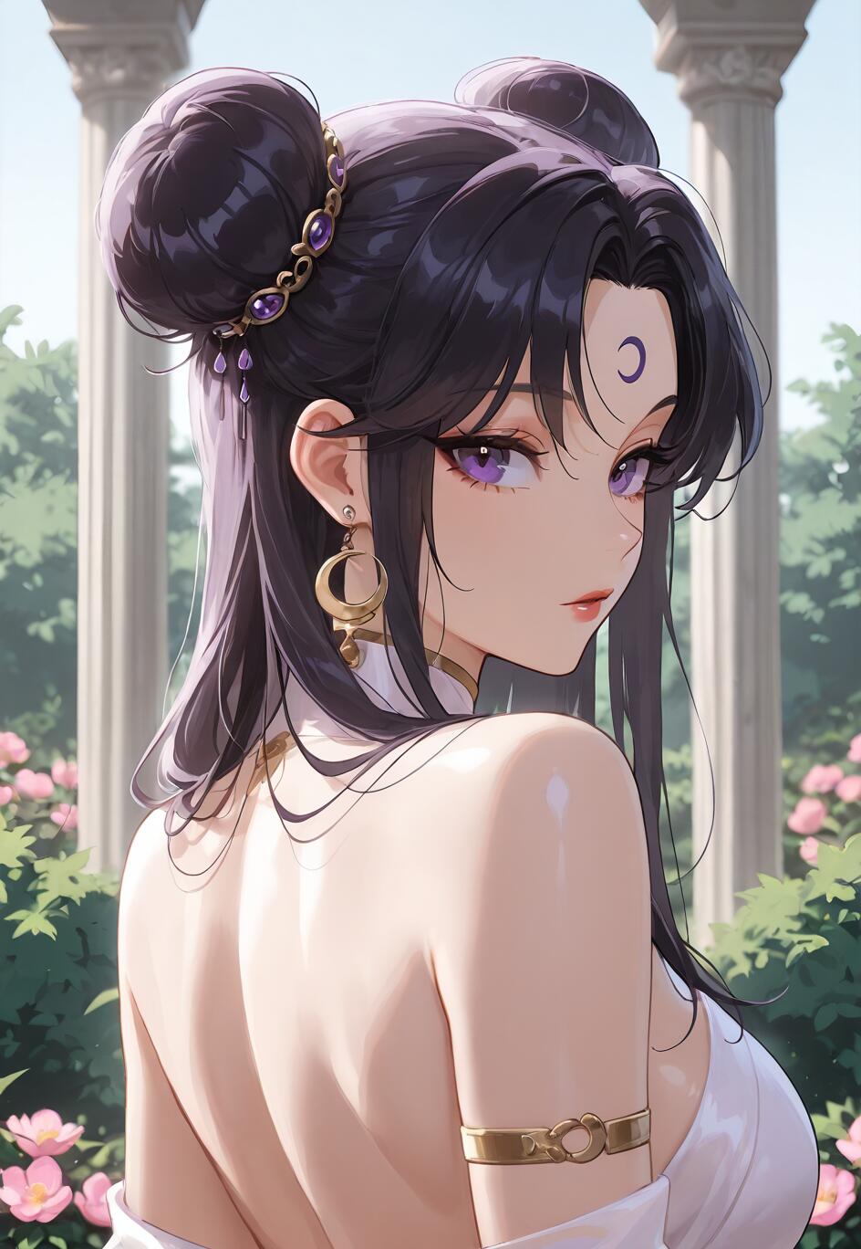 Une illustration de style manga représentant Luna, le personnage de Sailor Moon, qui se retourne et regarde par-dessus son épaule. Elle a les cheveux violets foncés, coiffés en deux chignons, avec une marque en forme de croissant de lune sur le front, des yeux violets, et porte une élégante robe blanche et des bijoux en or, dans un magnifique jardin orné de colonnes classiques.