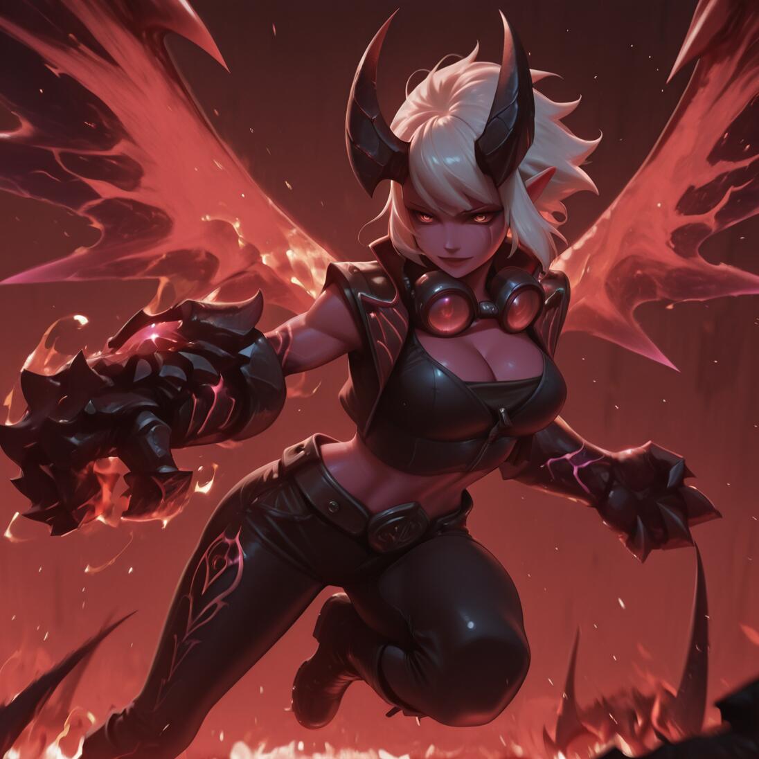 Une illustration numérique de Demon Vi, personnage du jeu League of Legends : une puissante jeune femme-démon aux cheveux blancs, à la peau rose, aux grandes cornes et aux ailes rouges lumineuses, qui se lance en avant avec un énorme gant dans un paysage embrasé.