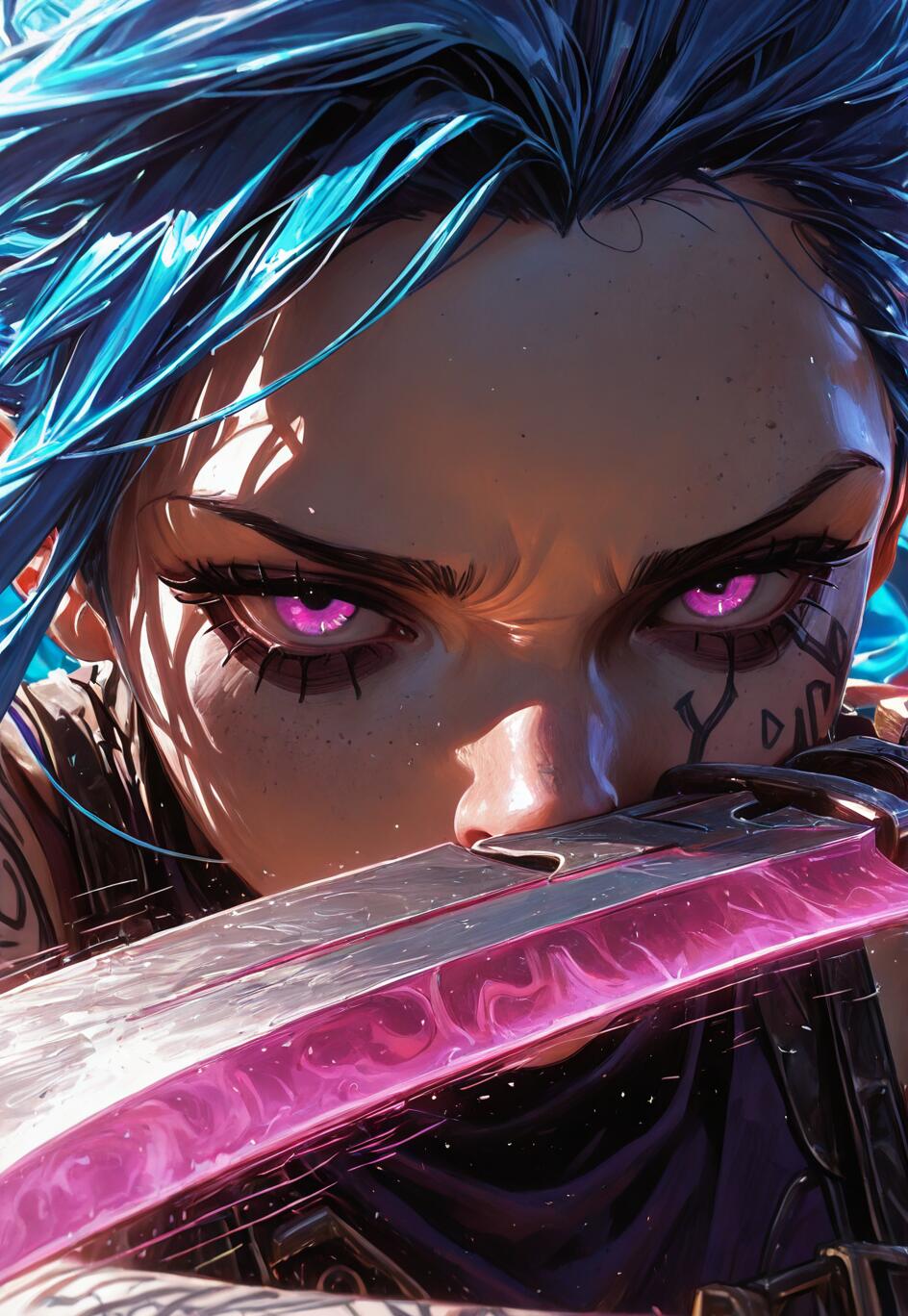 Une illustration en gros plan de Jinx, personnage de la série Arcane, dont le visage est partiellement dissimulé par une grande lame. Elle a les cheveux d’un bleu vif, des yeux rose intense qui brillent, et une expression déterminée.