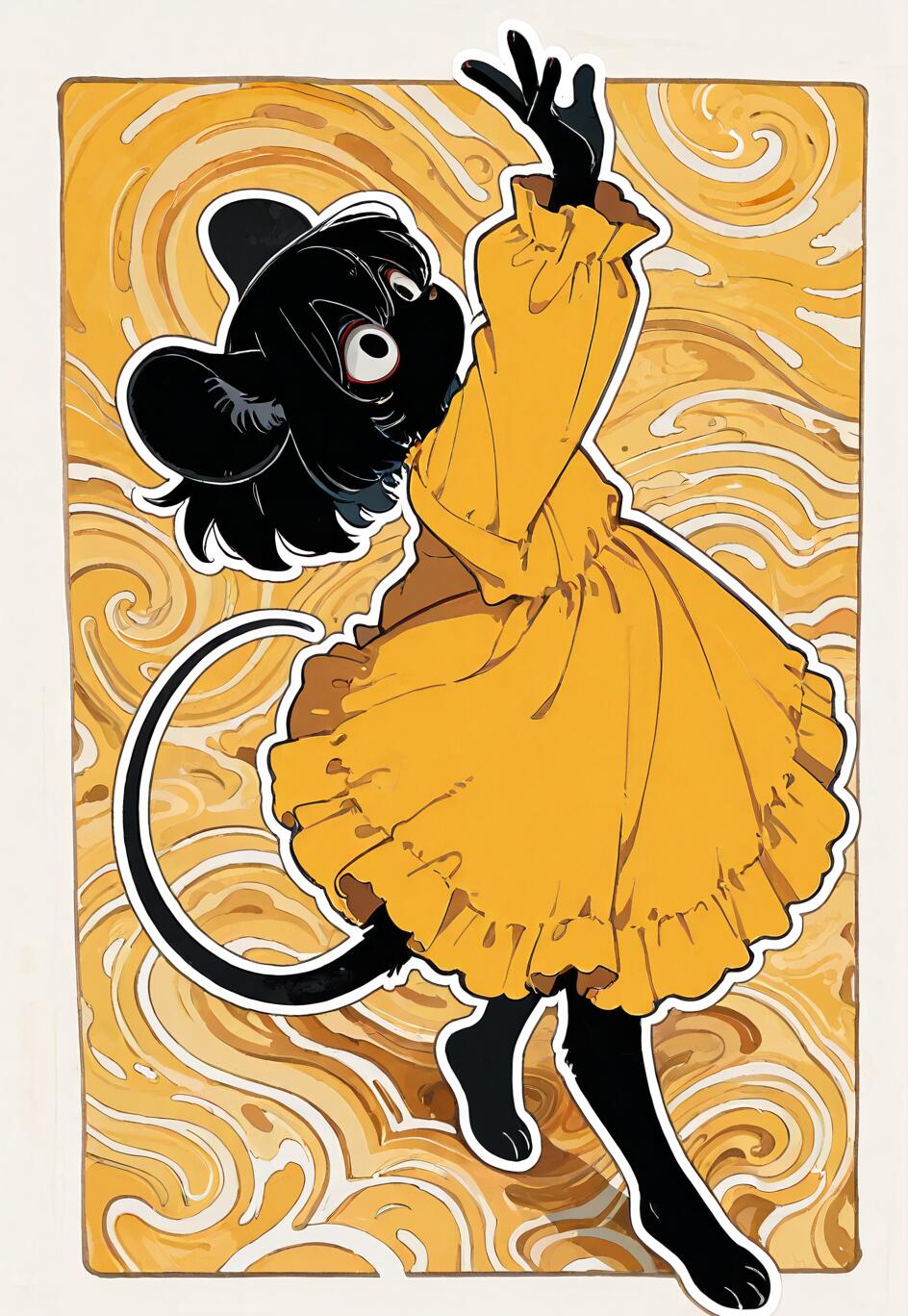 Une illustration numérique représentant une petite fille souris noire, au style de dessin animé, portant une longue robe jaune et dansant sur un fond jaune et crème aux motifs tourbillonnants.
