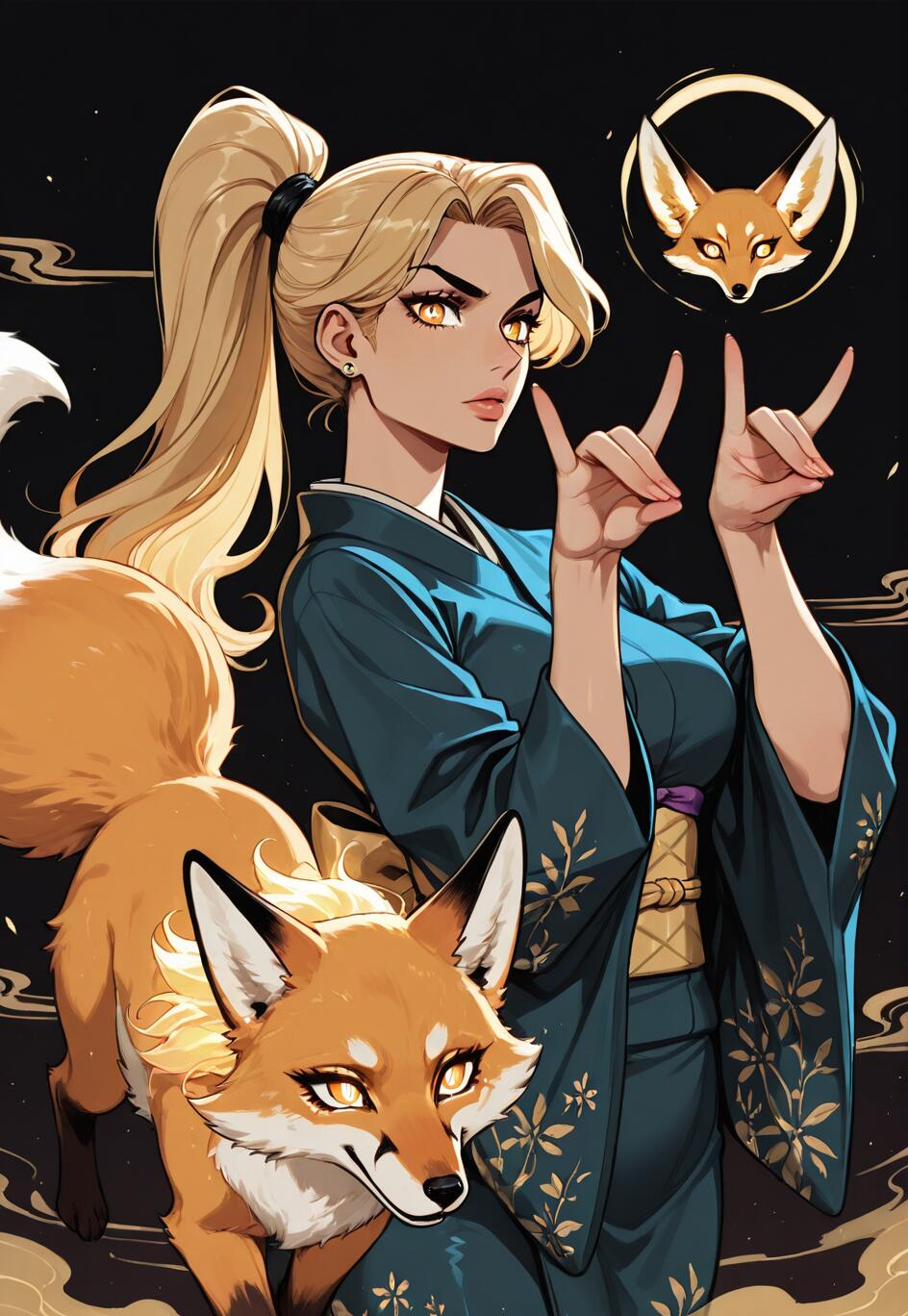 Une illustration de style manga représentant une femme blonde vêtue d’un kimono bleu, effectuant un geste de la main imitant une tête de renard, avec un renard rouge et un esprit de renard lumineux en arrière-plan.