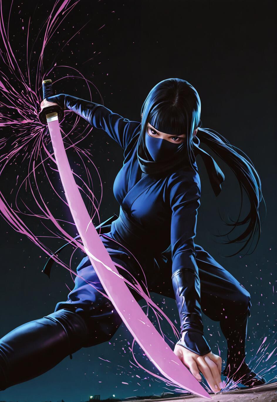 Une ninja, vêtue d’une combinaison bleu foncé et portant un masque, est accroupie dans une posture de combat. Elle tient un katana dont la lame violette est lumineuse et qui projette des éclats d’énergie rose sur un fond sombre.
