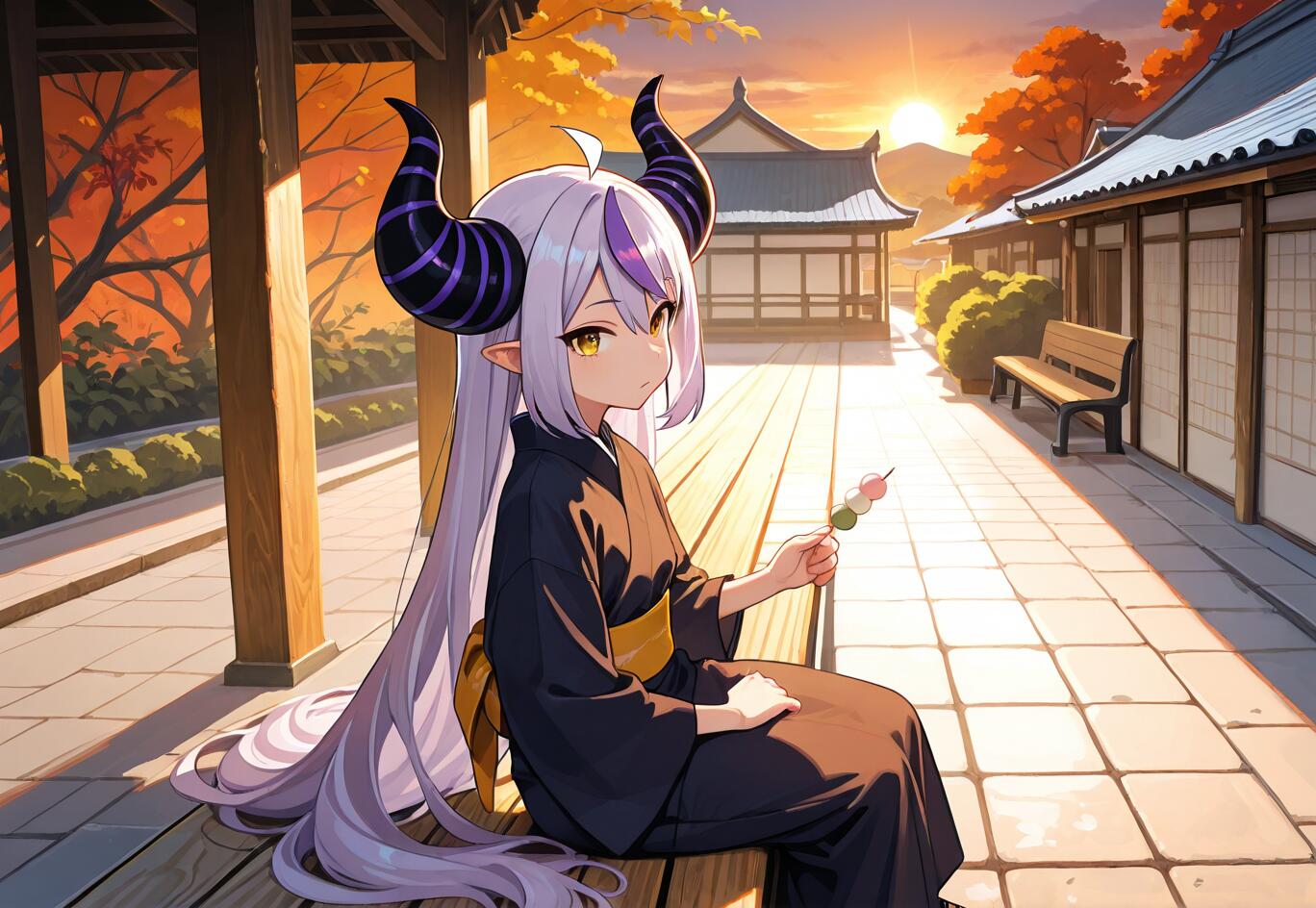 Une illustration de style manga représentant La+ Darknesss, un personnage de Hololive, une jeune fille aux cheveux violets et aux grandes cornes, assise sur une véranda en bois dans un décor japonais traditionnel au coucher du soleil, tenant un bâtonnet de dango.