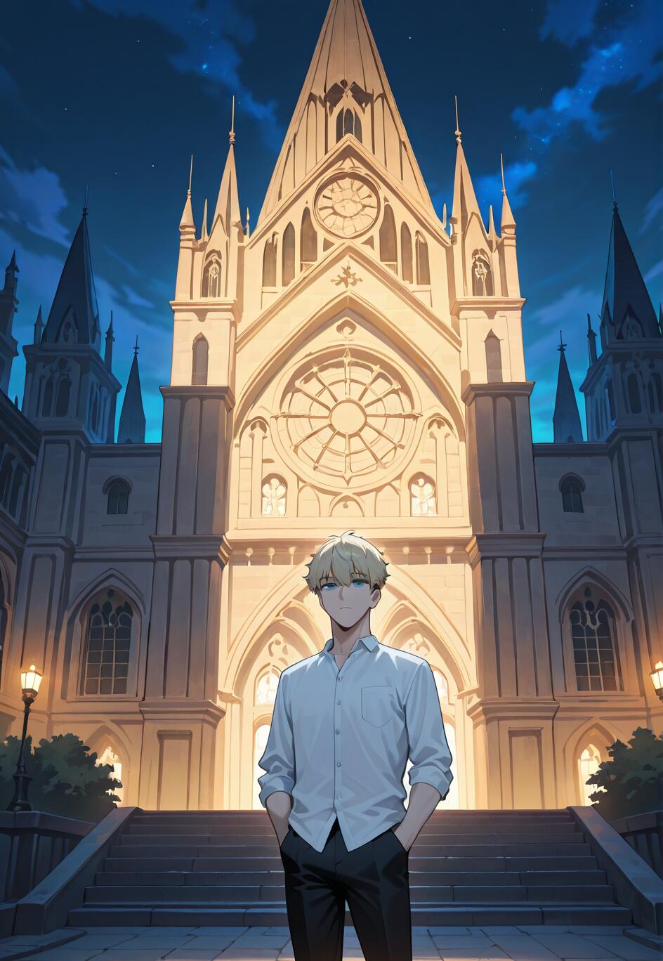 Une illustration de Loid Forger, personnage de Spy x Family, dans un style d’animation japonaise (anime). Il est debout sur des marches en pierre devant une immense cathédrale gothique illuminée, la nuit. Il a les cheveux blonds et les yeux bleus, porte une chemise blanche à col et un pantalon noir, les mains dans les poches, et regarde le spectateur.