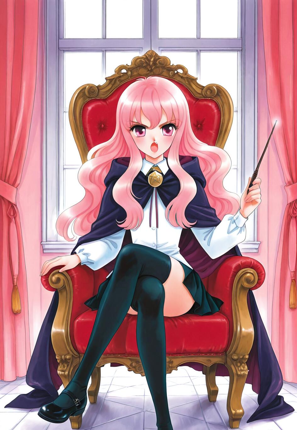 Une illustration d’anime représentant Louise, un personnage de la série *The Familiar of Zero*, une jeune fille aux longs cheveux roses et à la baguette magique, assise sur un trône rouge orné devant une fenêtre.
